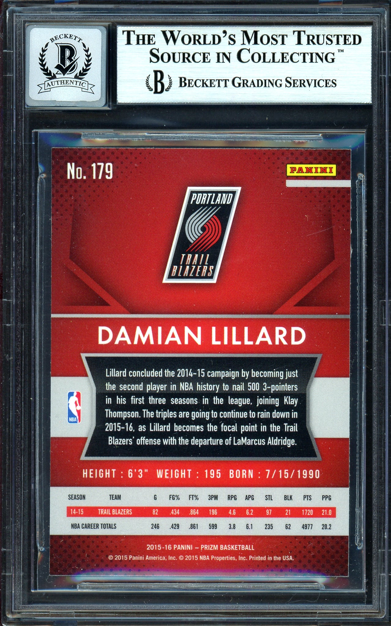 Damian Lillard Autographed 2015-16 Panini Prizm Card #179 Portland Trail Blazers Auto Grade Gem Mint 10 Beckett BAS Stock #199603 - Image 2