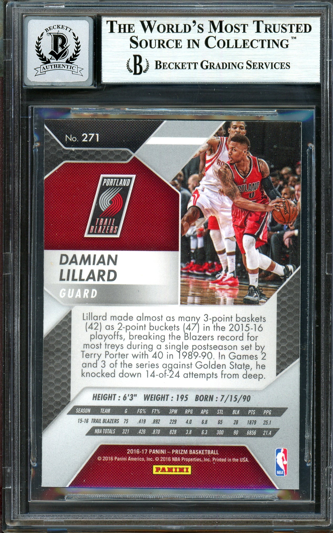 Damian Lillard Autographed 2016-17 Panini Prizm Card #271 Portland Trail Blazers Auto Grade Gem Mint 10 Beckett BAS #13605637 - Image 2