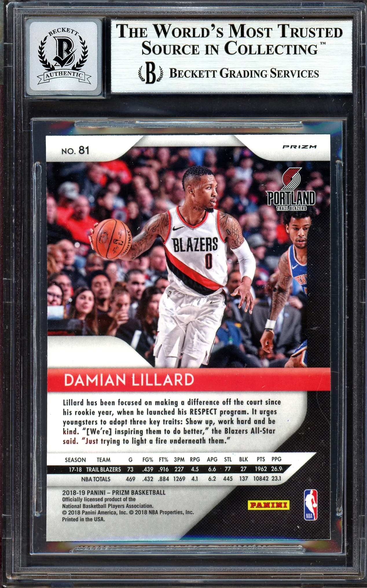 Damian Lillard Autographed 2018-19 Panini Prizm Green Card #81 Portland Trail Blazers Auto Grade Gem Mint 10 Beckett BAS Stock #199601 - Image 2