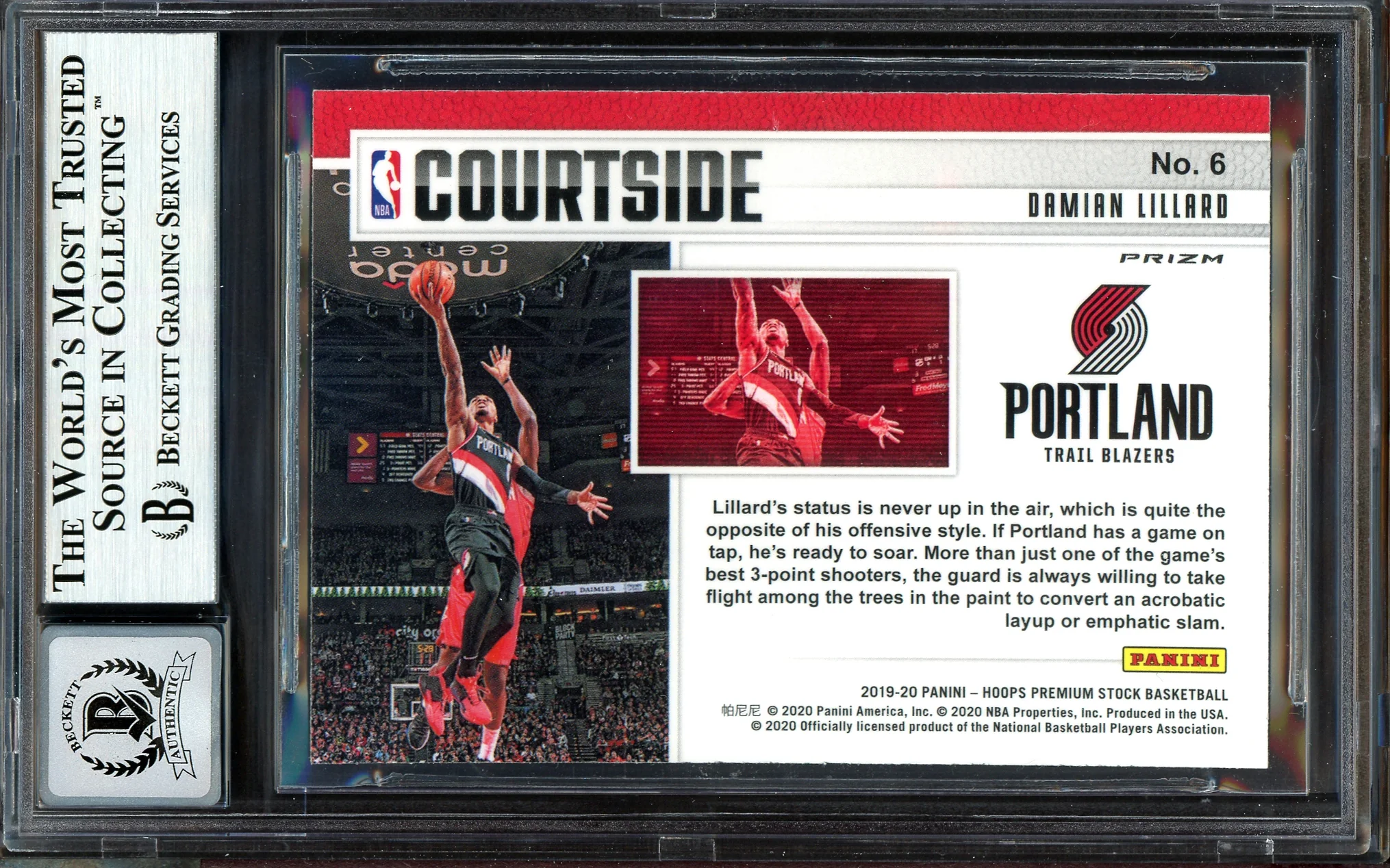 Damian Lillard Autographed 2019-20 Panini Hoops Premium Stock Courtside Card #6 Portland Trail Blazers Auto Grade Gem Mint 10 Beckett BAS #13605902 - Image 2