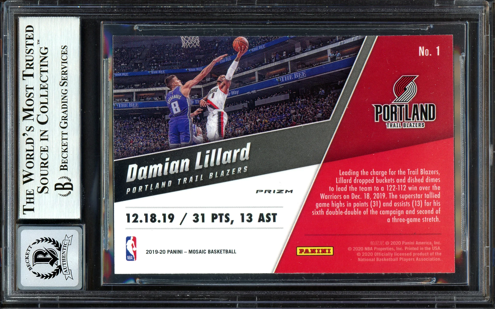 Damian Lillard Autographed 2019-20 Panini Mosaic Montage Card #1 Portland Trail Blazers Auto Grade Gem Mint 10 Beckett BAS #13605648 - Image 2