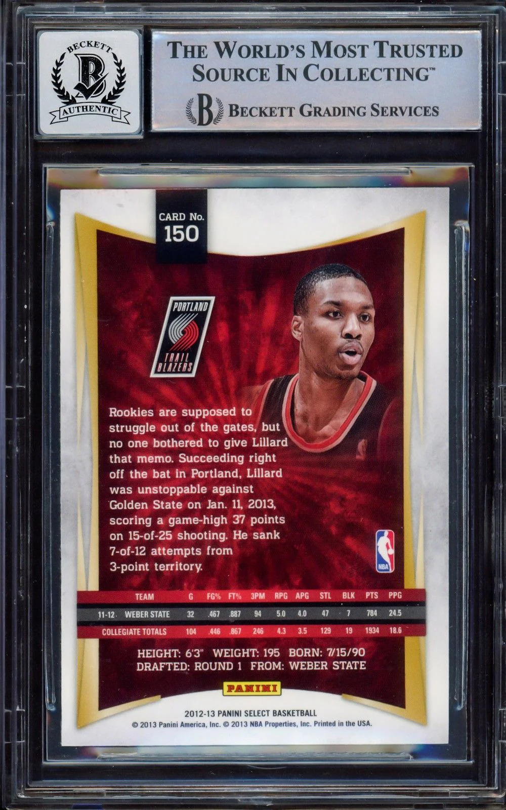 Damian Lillard Signed 2012/13 Panini Select #150 Blazers Rookie Card BAS Auto 10 - Image 2