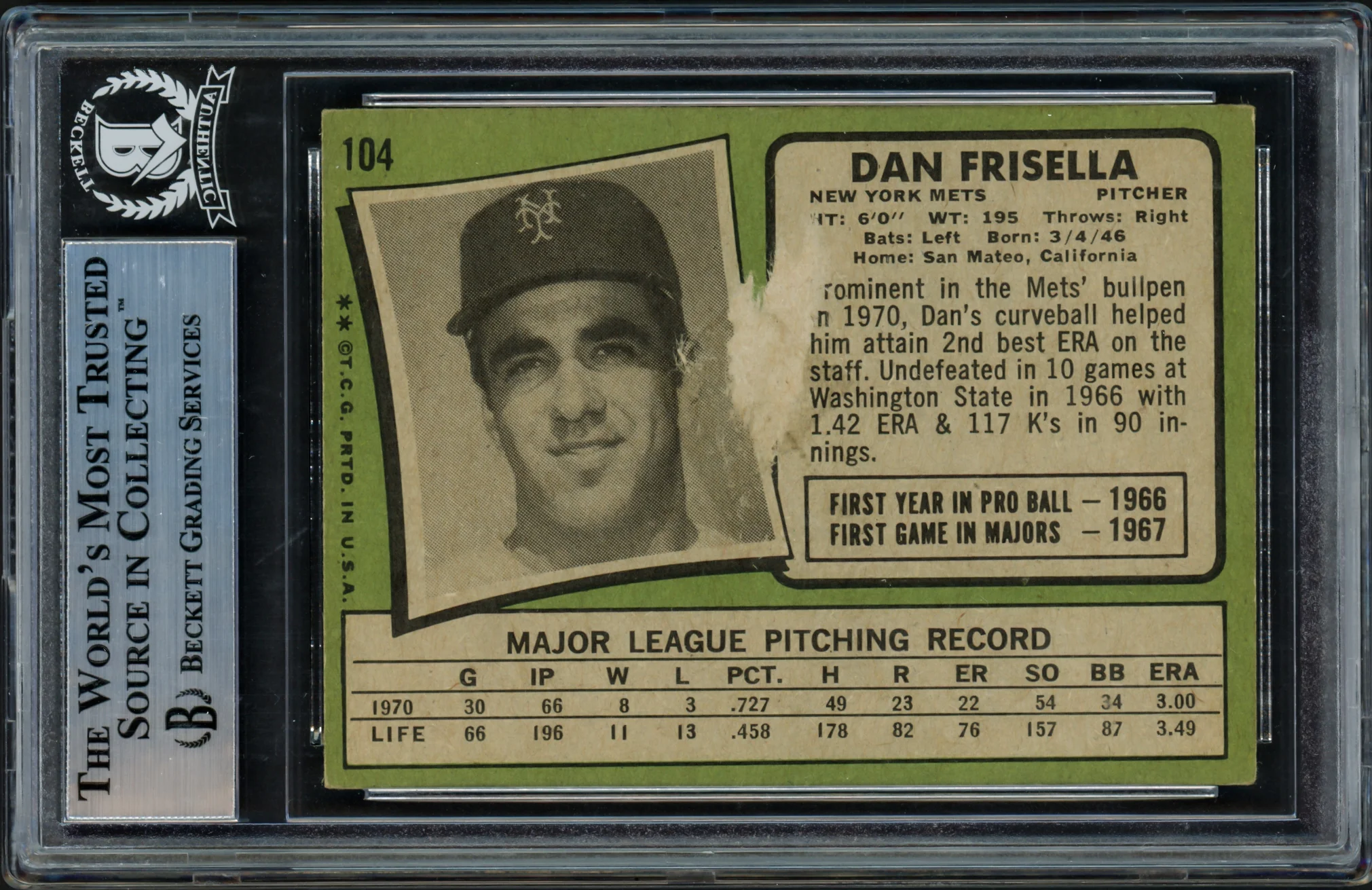 Dan Frisella Autographed 1971 Topps Card #104 New York Mets Beckett BAS #11627953 - Image 2