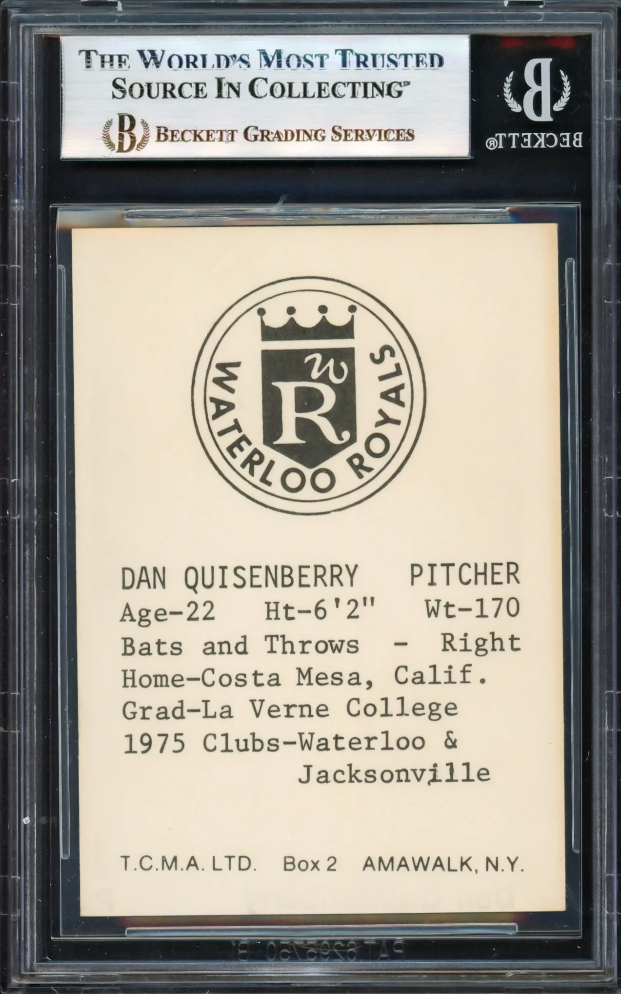 Dan Quisenberry Autographed 1975 TCMA Rookie Card #2 Waterloo Royals Beckett BAS #17068694 - Image 2