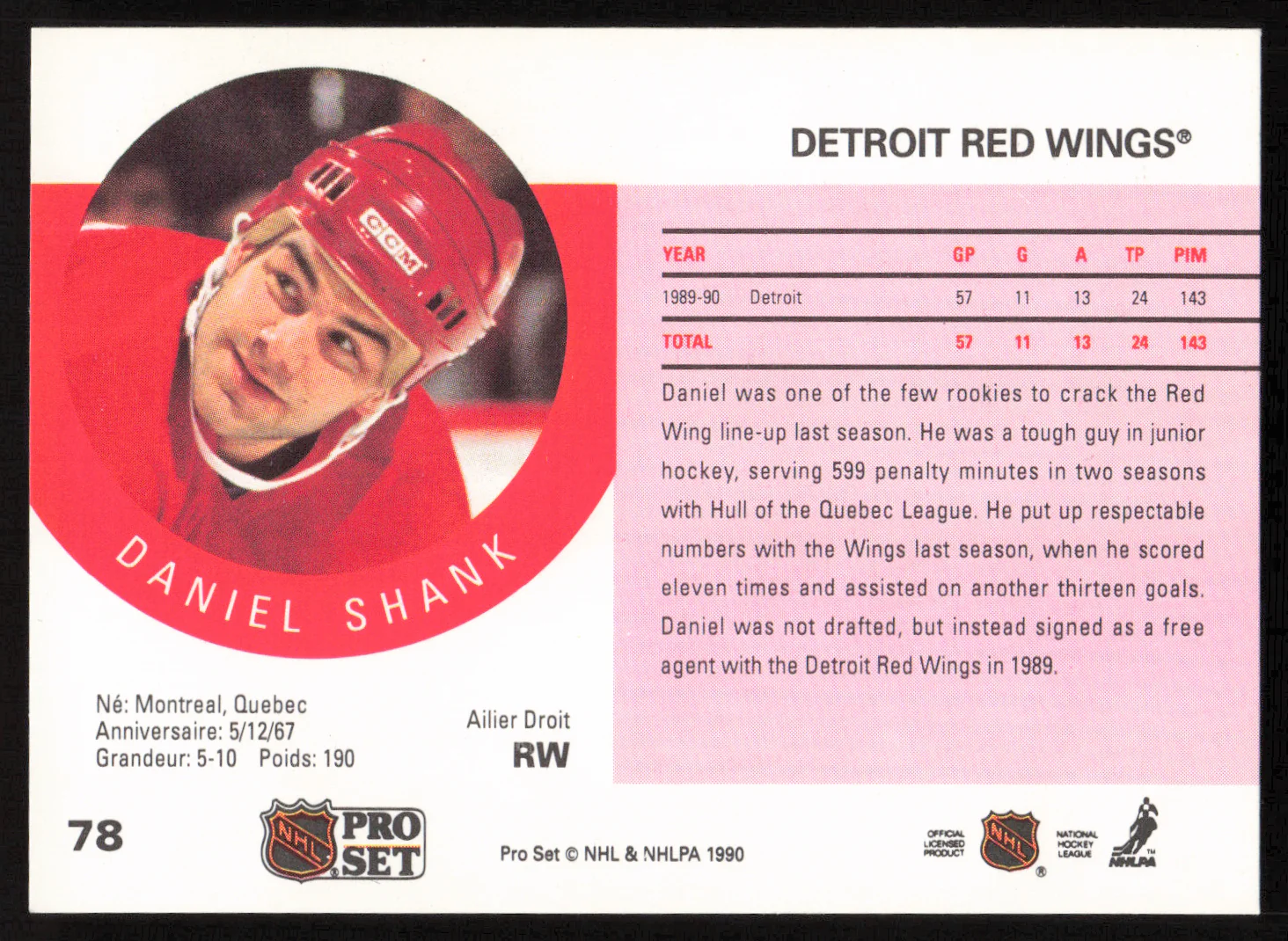 Daniel Shank Autographed 1990-91 Pro Set Rookie Card #78 Detroit Red Wings SKU #258491 - Image 2