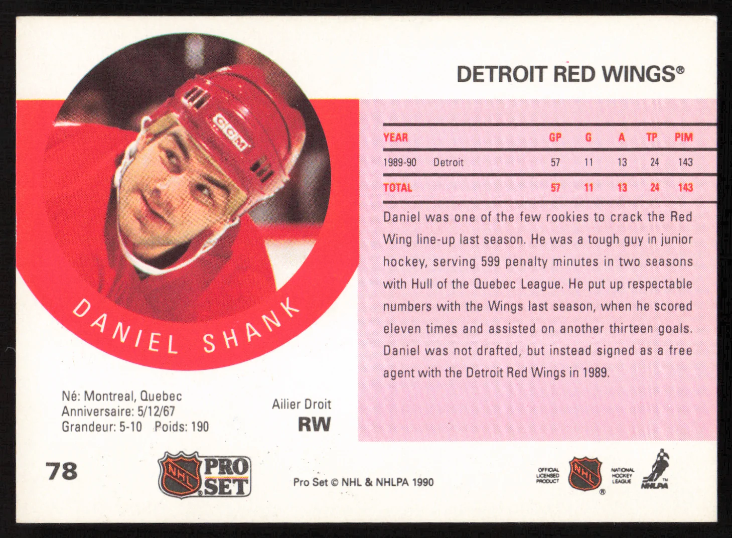 Daniel Shank Autographed 1990-91 Pro Set Rookie Card #78 Detroit Red Wings SKU #258492 - Image 2