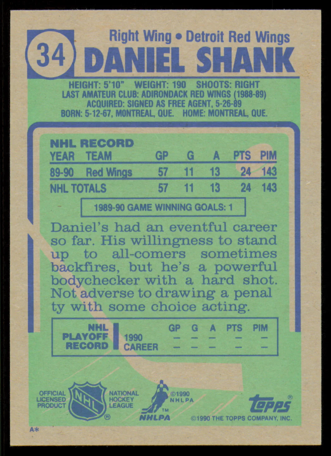 Daniel Shank Autographed 1990-91 Topps Rookie Card #34 Detroit Red Wings SKU #255152 - Image 2