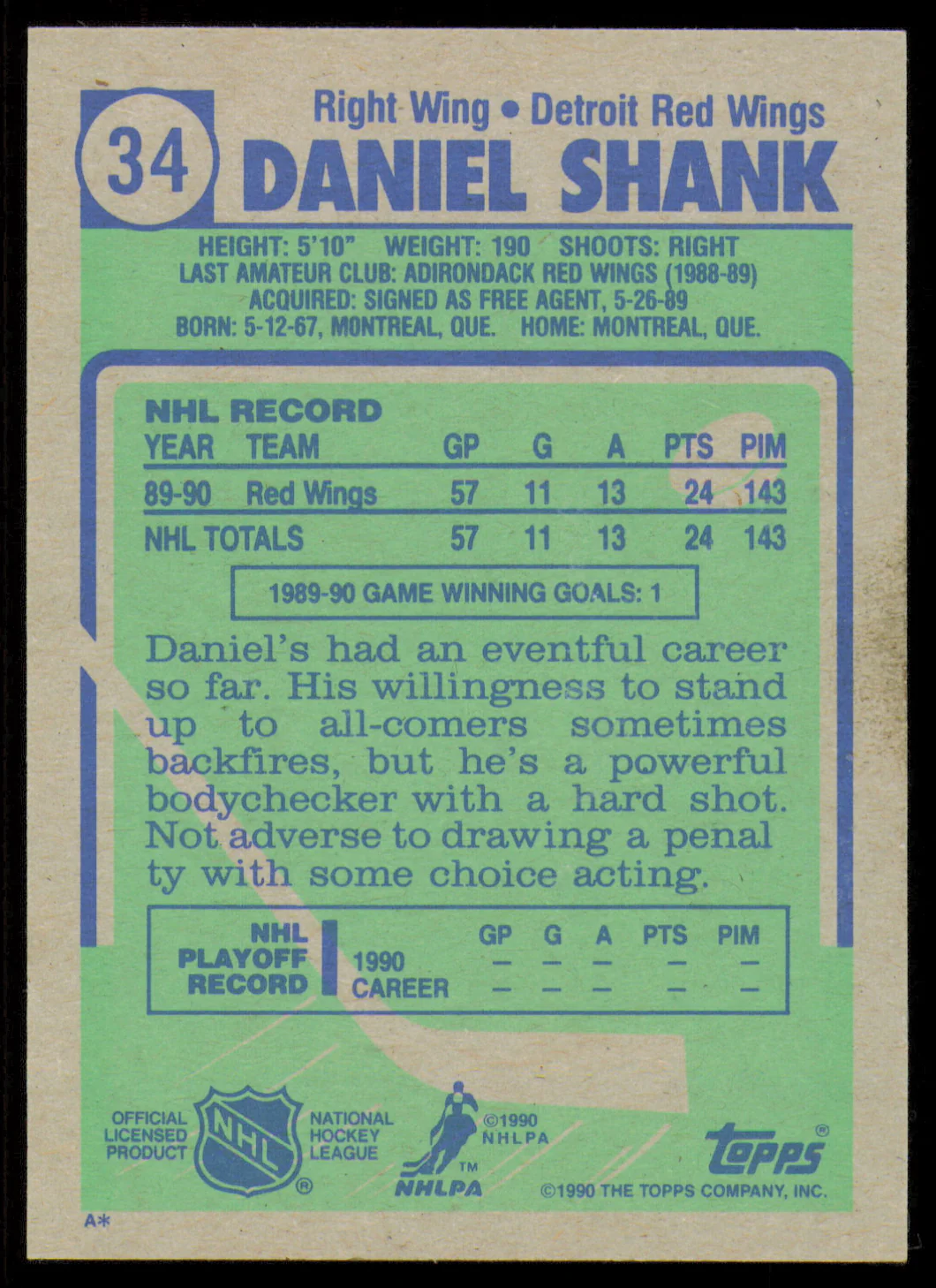 Daniel Shank Autographed 1990-91 Topps Rookie Card #34 Detroit Red Wings SKU #255153 - Image 2