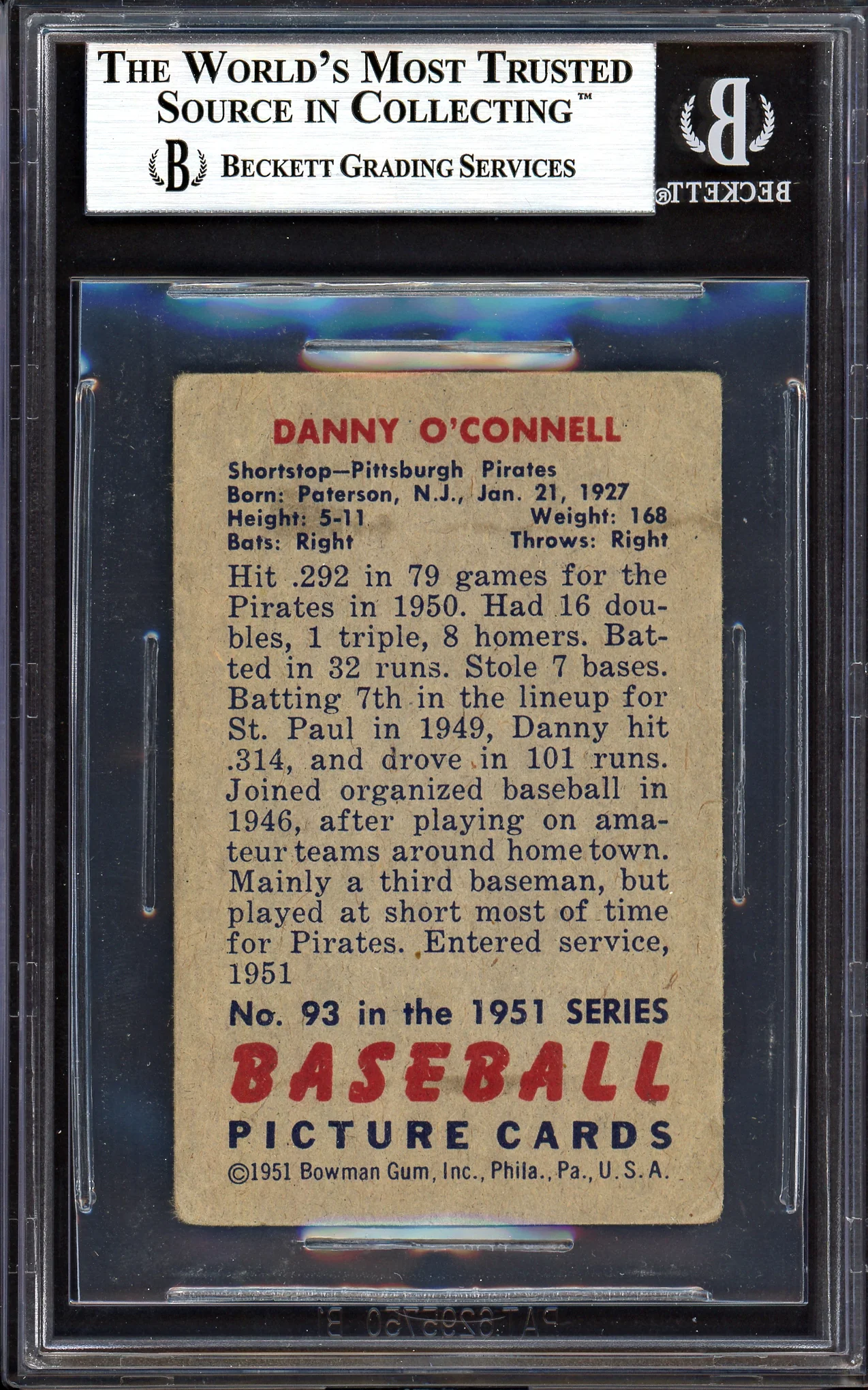 Danny O'Connell Autographed 1951 Bowman Rookie Card #93 Pittsburgh Pirates Beckett BAS #13608015 - Image 2