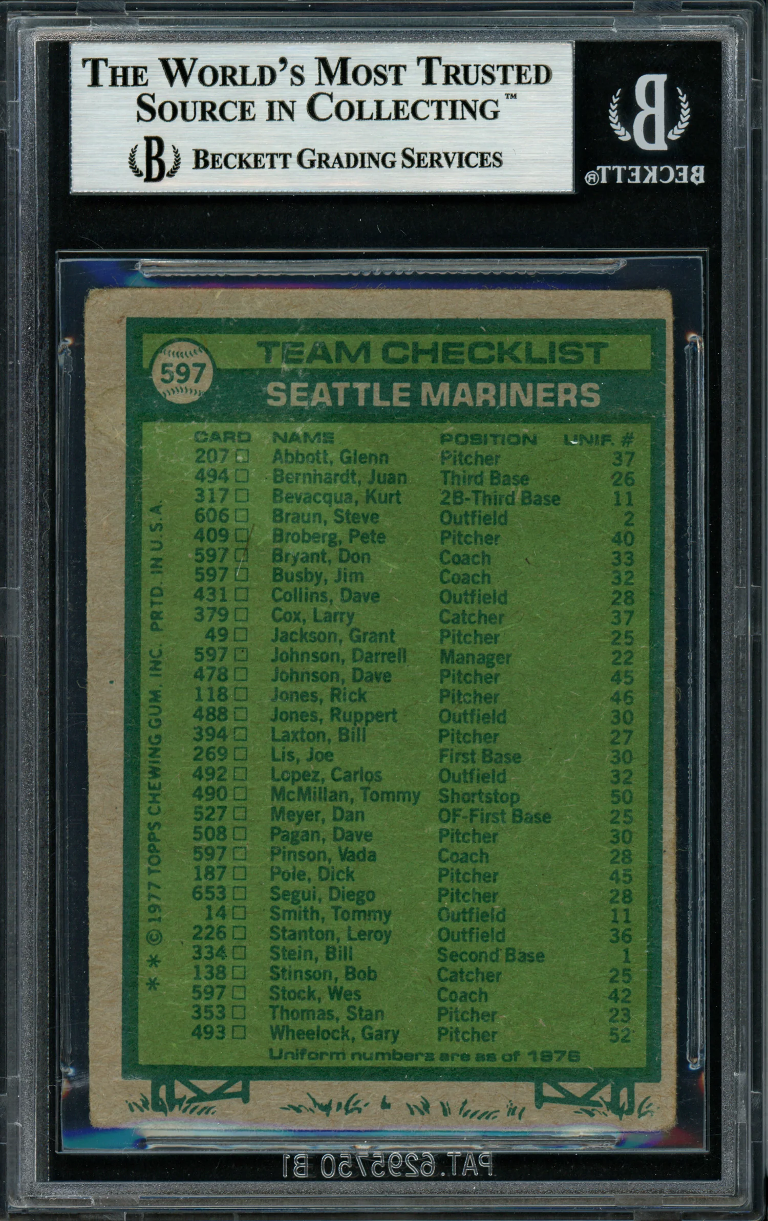Darrell Johnson, Vada Pinson, Don Bryant, Jim Busby & Wes Stock Autographed 1977 Topps Card #597 Seattle Mariners Beckett BAS #11317501 - Image 2