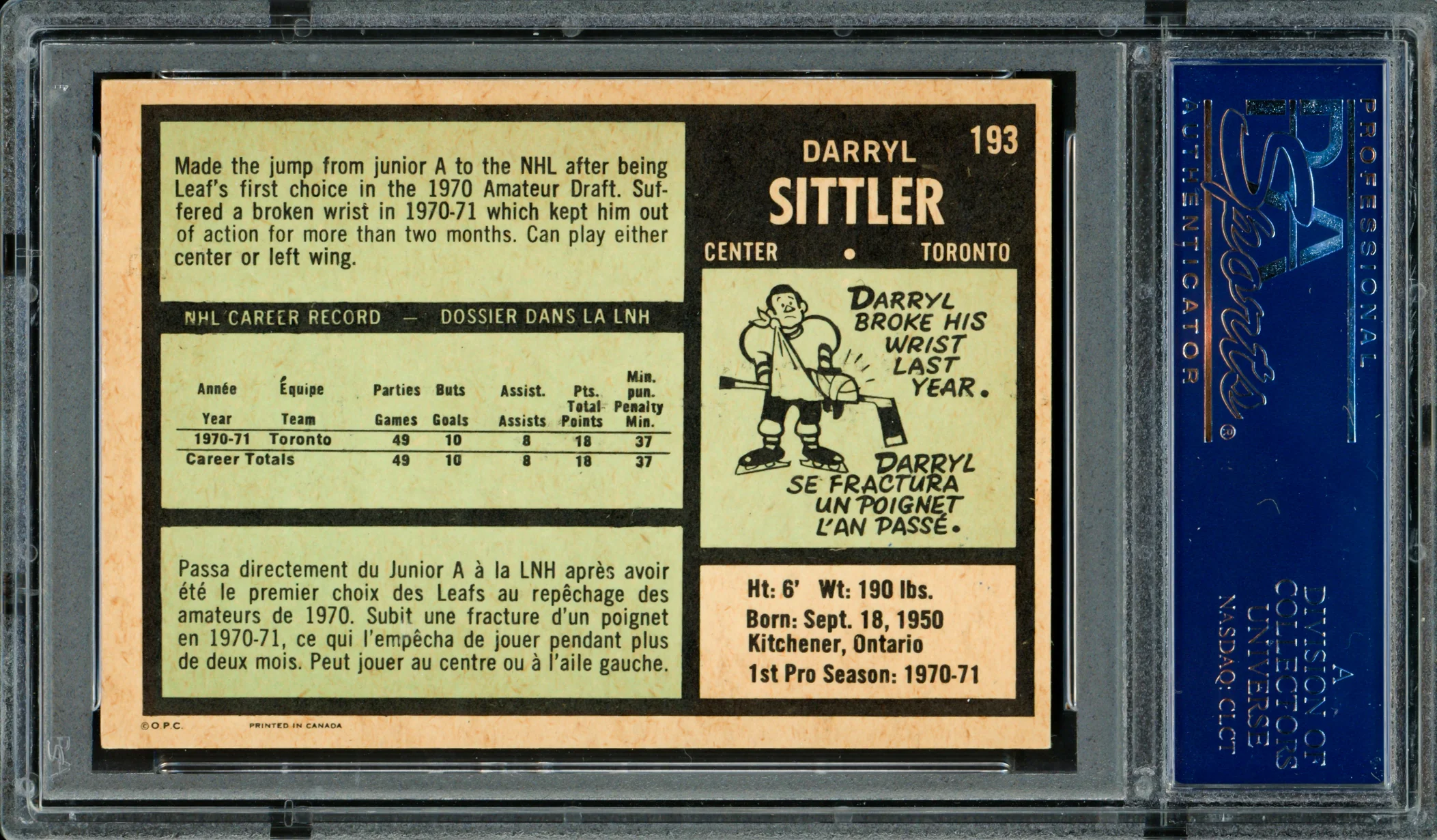 Darryl Sittler Autographed 1971-72 O-Pee-Chee Card #193 Toronto Maple Leafs PSA/DNA #83466558 - Image 2
