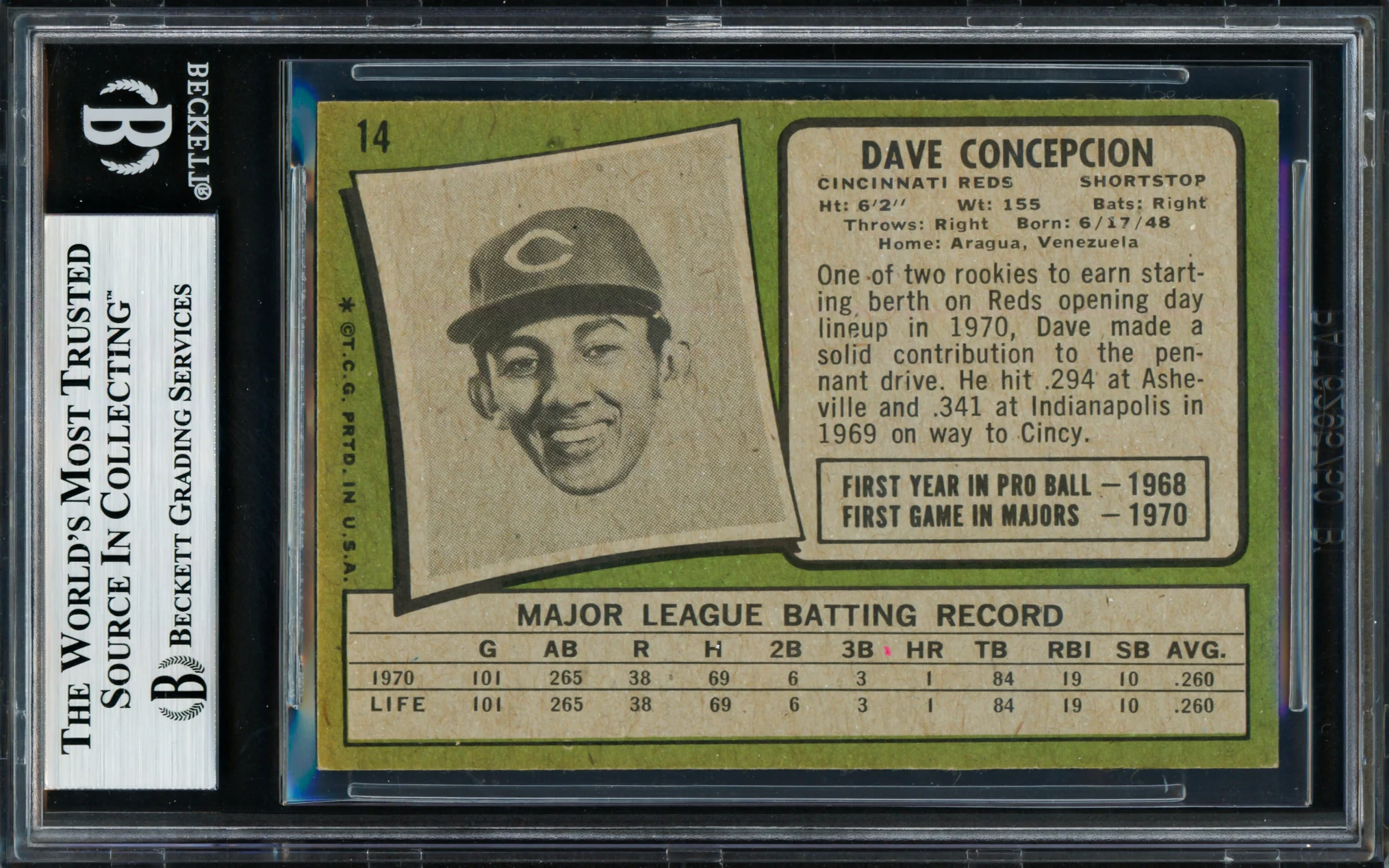 Dave Concepcion Autographed 1971 Topps Rookie Card #14 Cincinnati Reds Beckett BAS #18628620 - Image 2