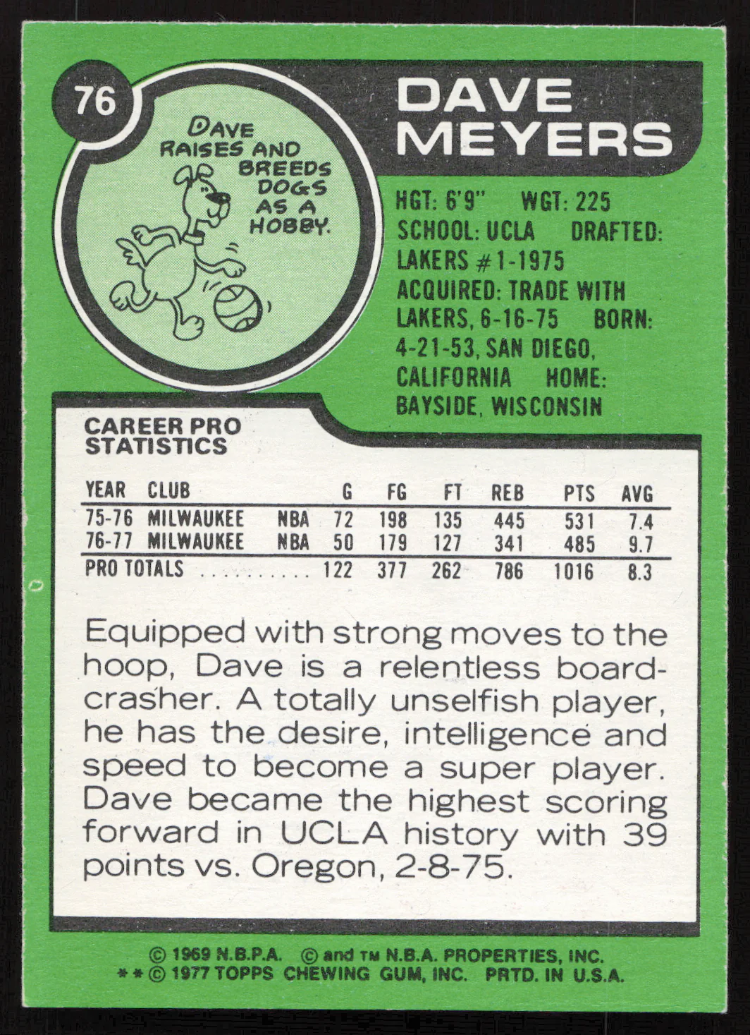 Dave Meyers Autographed 1977-78 Topps Card #76 Milwaukee Bucks SKU #258895 - Image 2