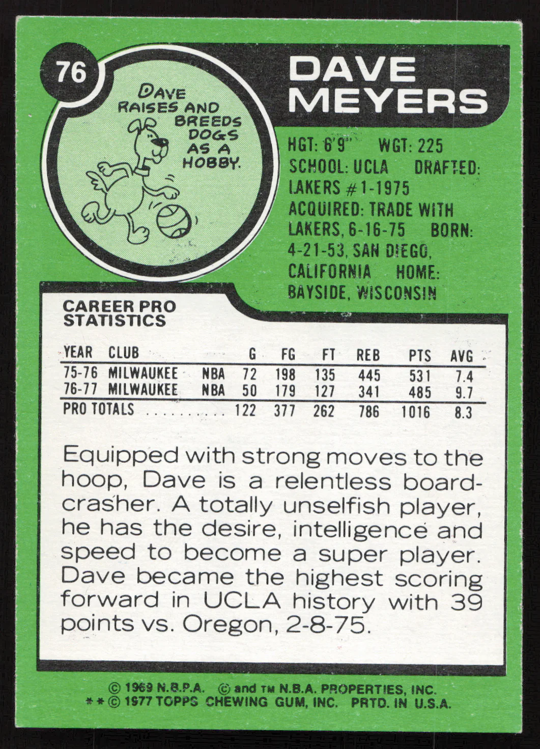 Dave Meyers Autographed 1977-78 Topps Card #76 Milwaukee Bucks SKU #258897 - Image 2