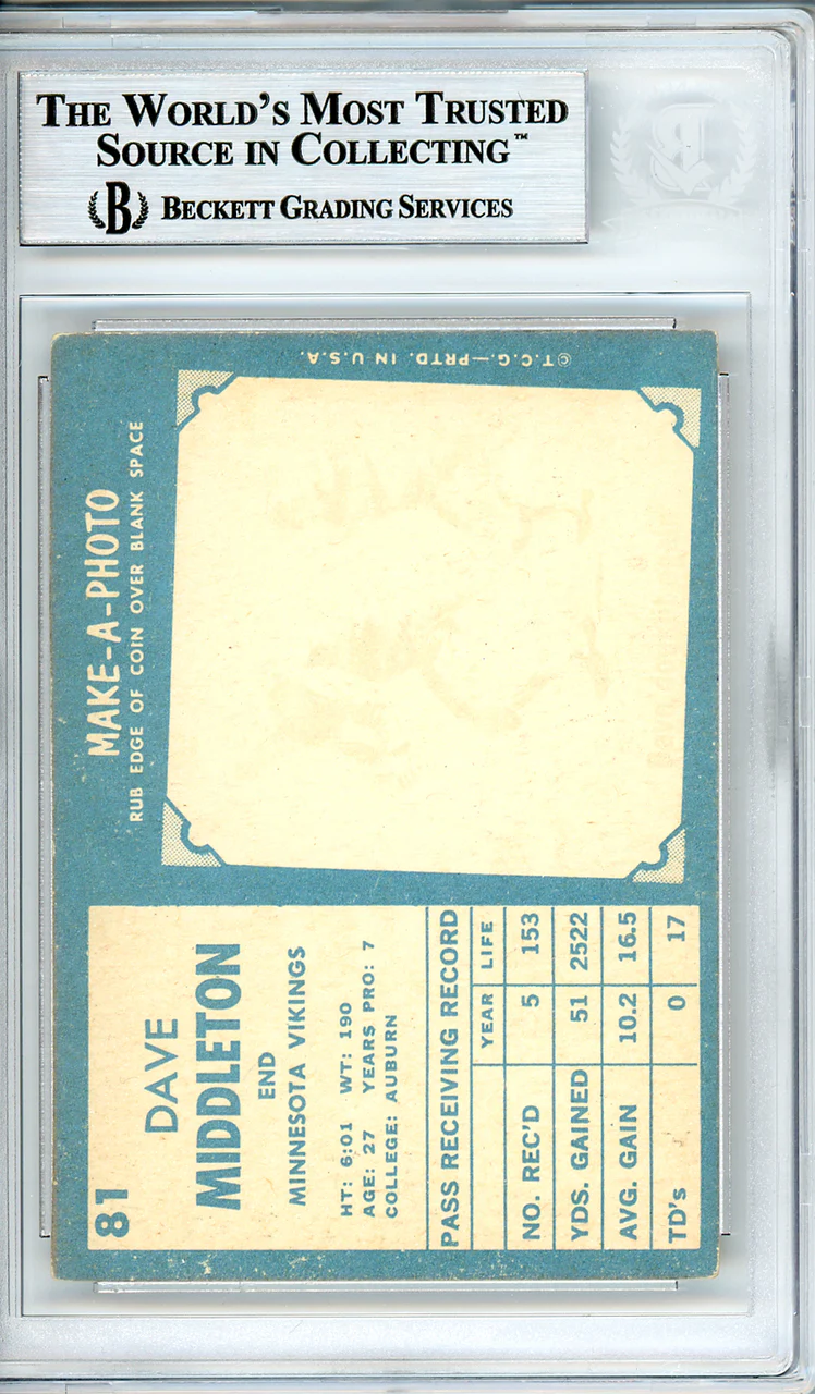 Dave Middleton Autographed 1961 Topps Card #81 Minnesota Vikings Beckett BAS #10540201 - Image 2