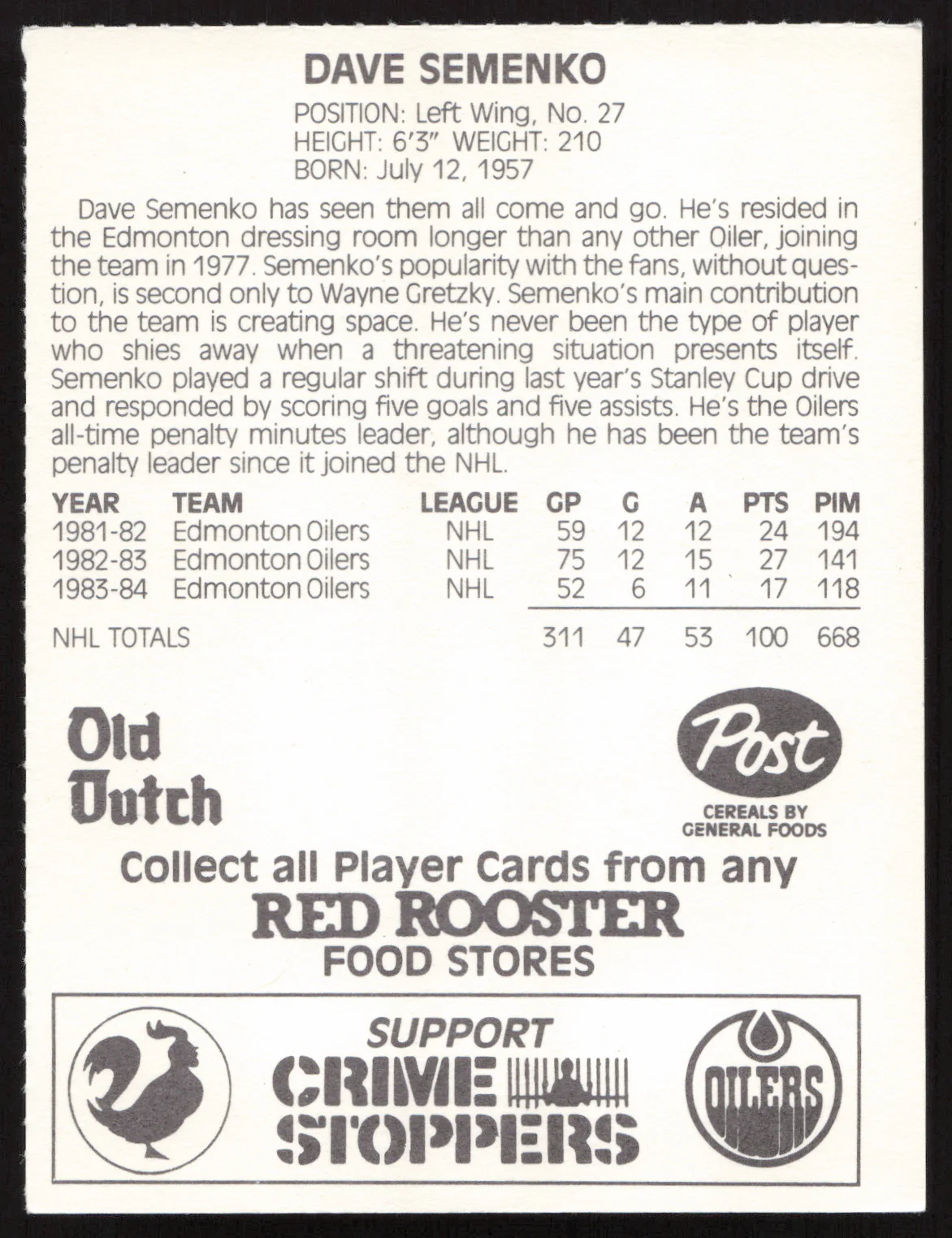 Dave Semenko Autographed 1984-85 Post Red Rooster Card Edmonton Oilers SKU #258380 - Image 2