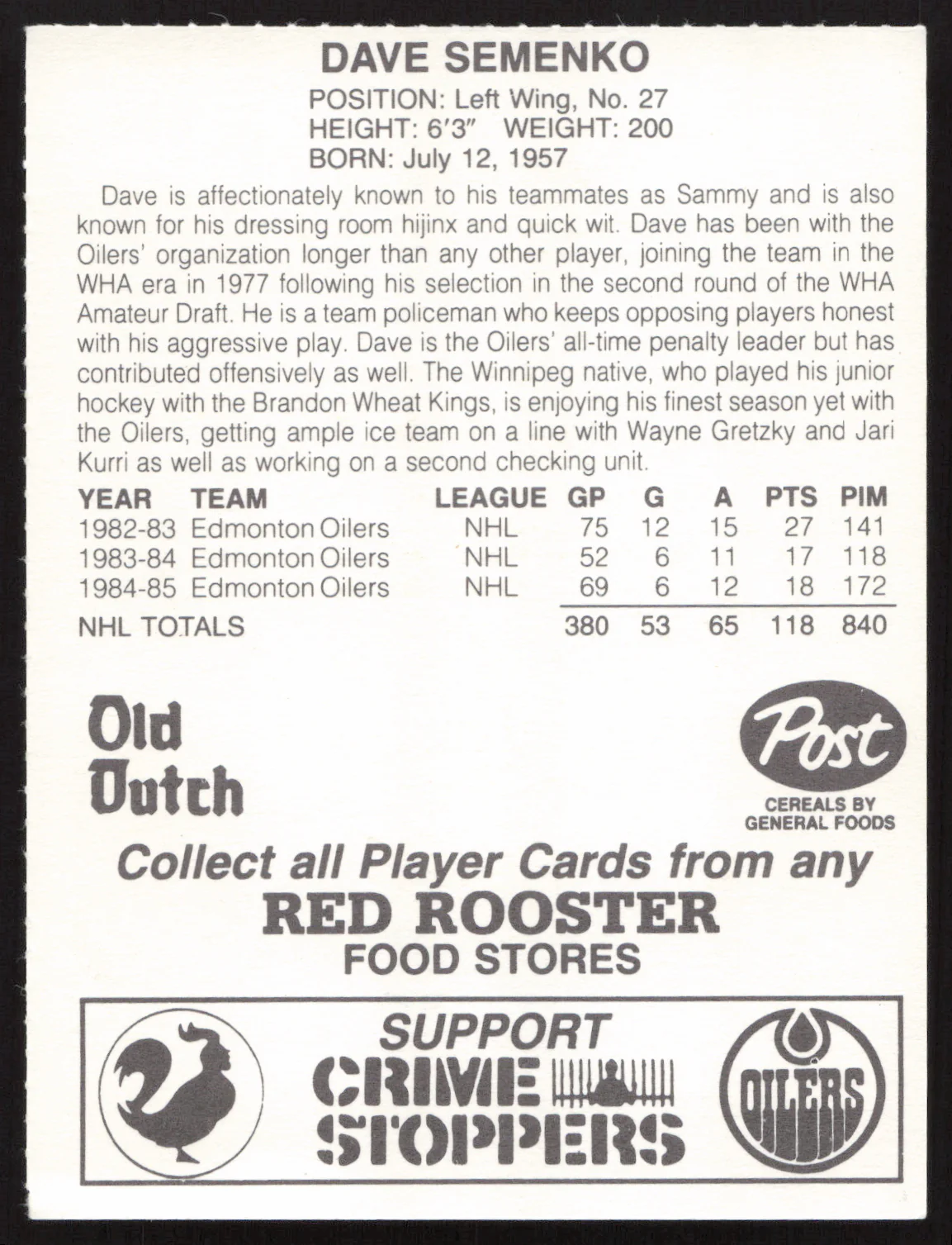 Dave Semenko Autographed 1985-86 Post Red Rooster Card Edmonton Oilers SKU #258412 - Image 2