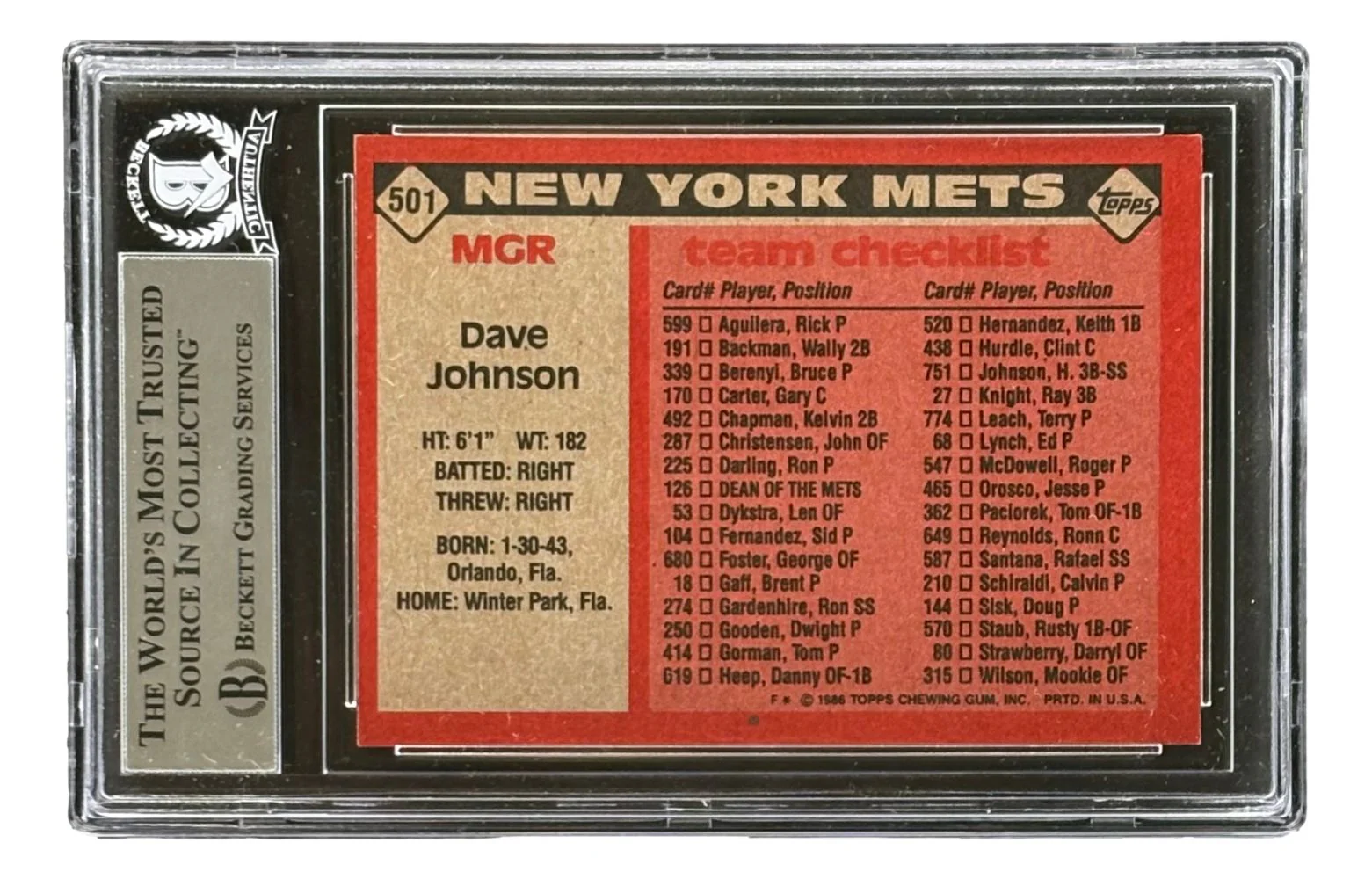 Davey Johnson Signed 1986 Topps #501 New York Mets Trading Card BAS - Image 2