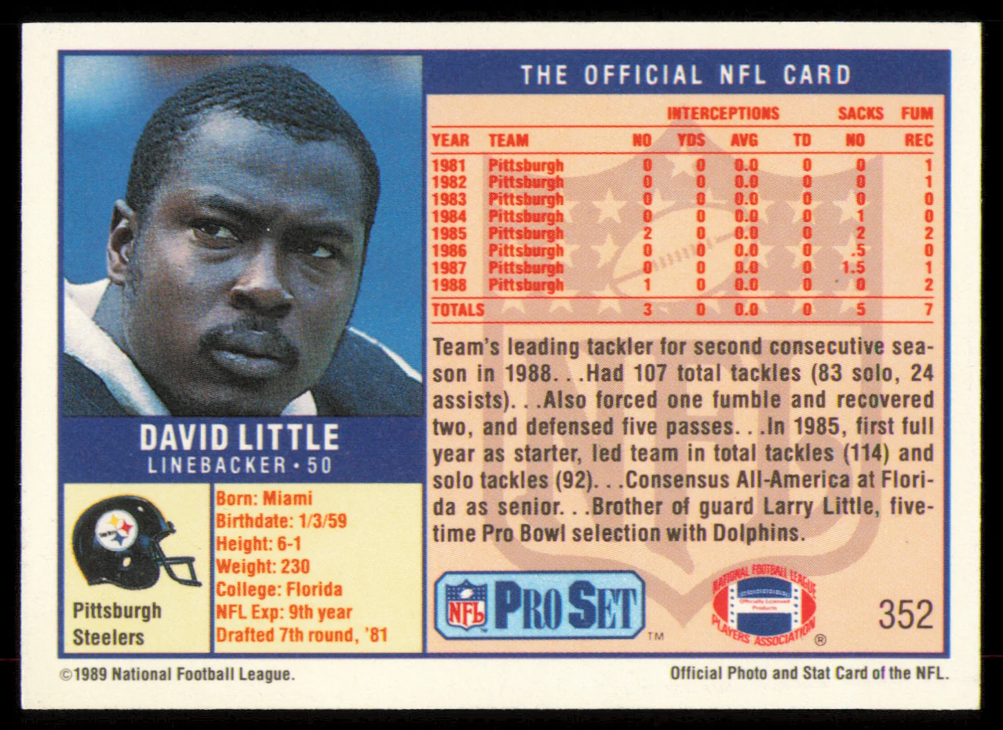 David Little Autographed 1989 Pro Set Card #352 Pittsburgh Steelers SKU #254891 - Image 2
