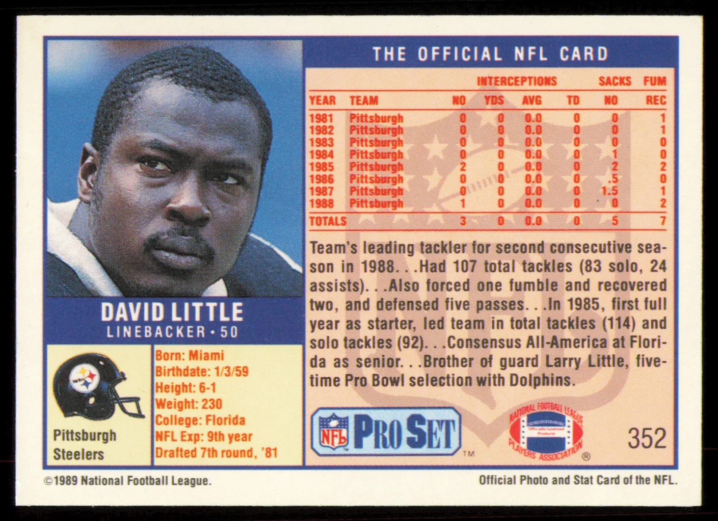 David Little Autographed 1989 Pro Set Card #352 Pittsburgh Steelers SKU #254892 - Image 2