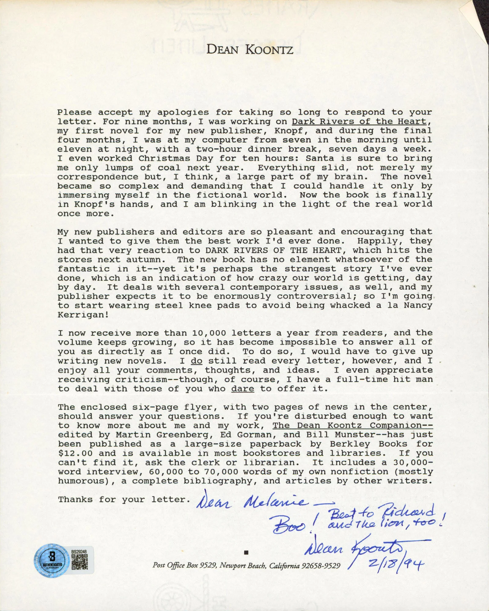 Dean Koontz Author Authentic Signed 8.5x11 Letter Autographed BAS #BS29248