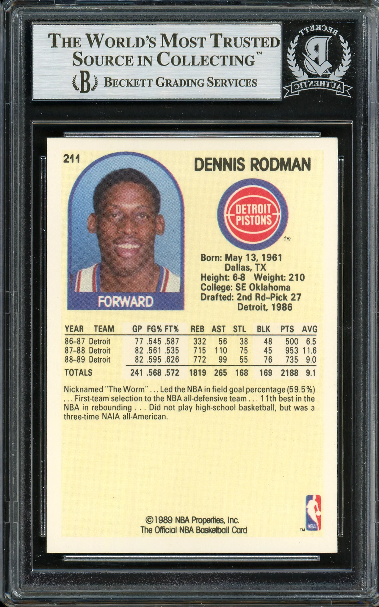Dennis Rodman Autographed 1989-90 Hoops Card #211 Detroit Pistons Beckett BAS Stock #194990 - Image 2