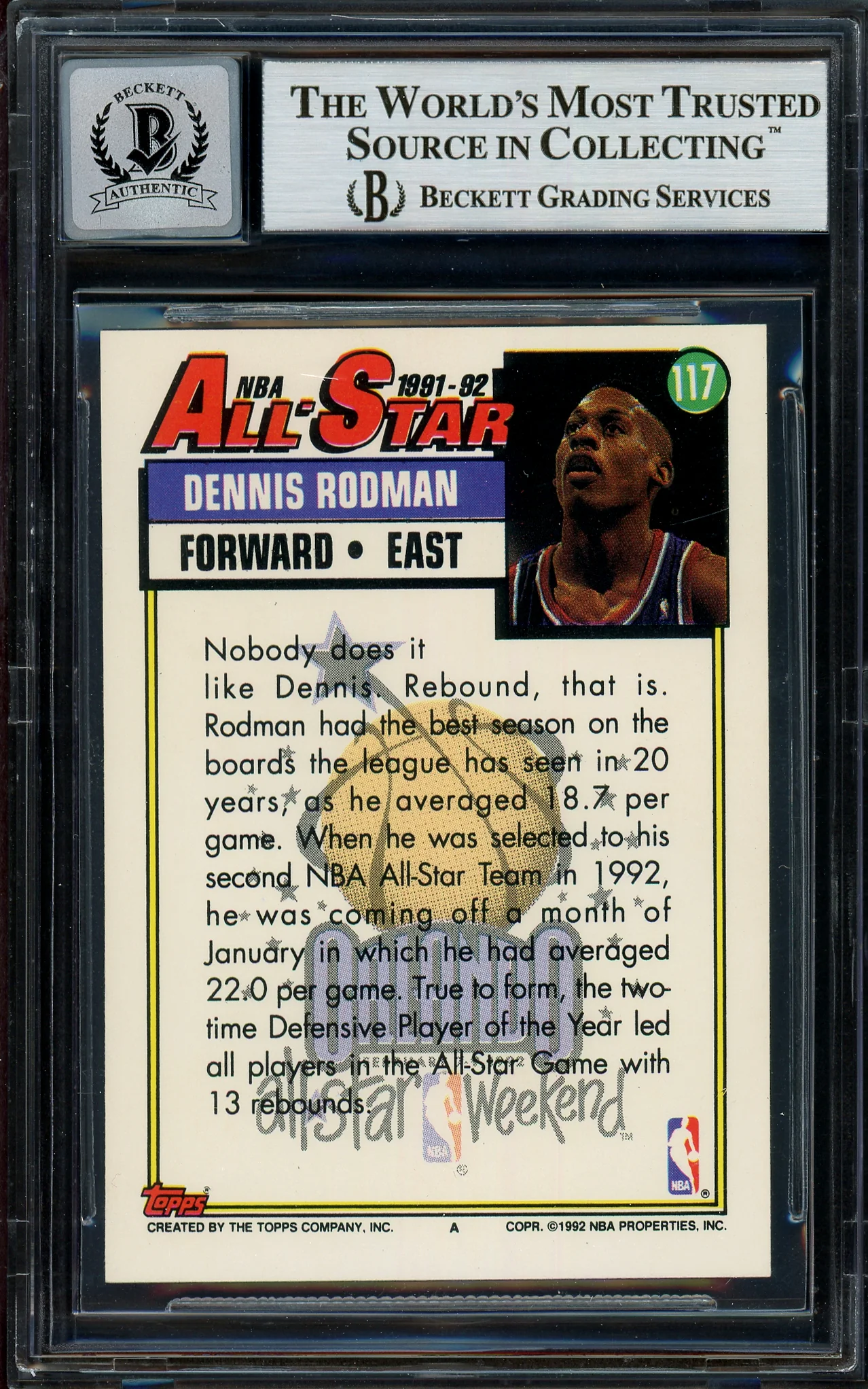 Dennis Rodman Autographed 1992-93 Topps Card #117 Detroit Pistons Auto Grade Gem Mint 10 Beckett BAS Stock #194590 - Image 2