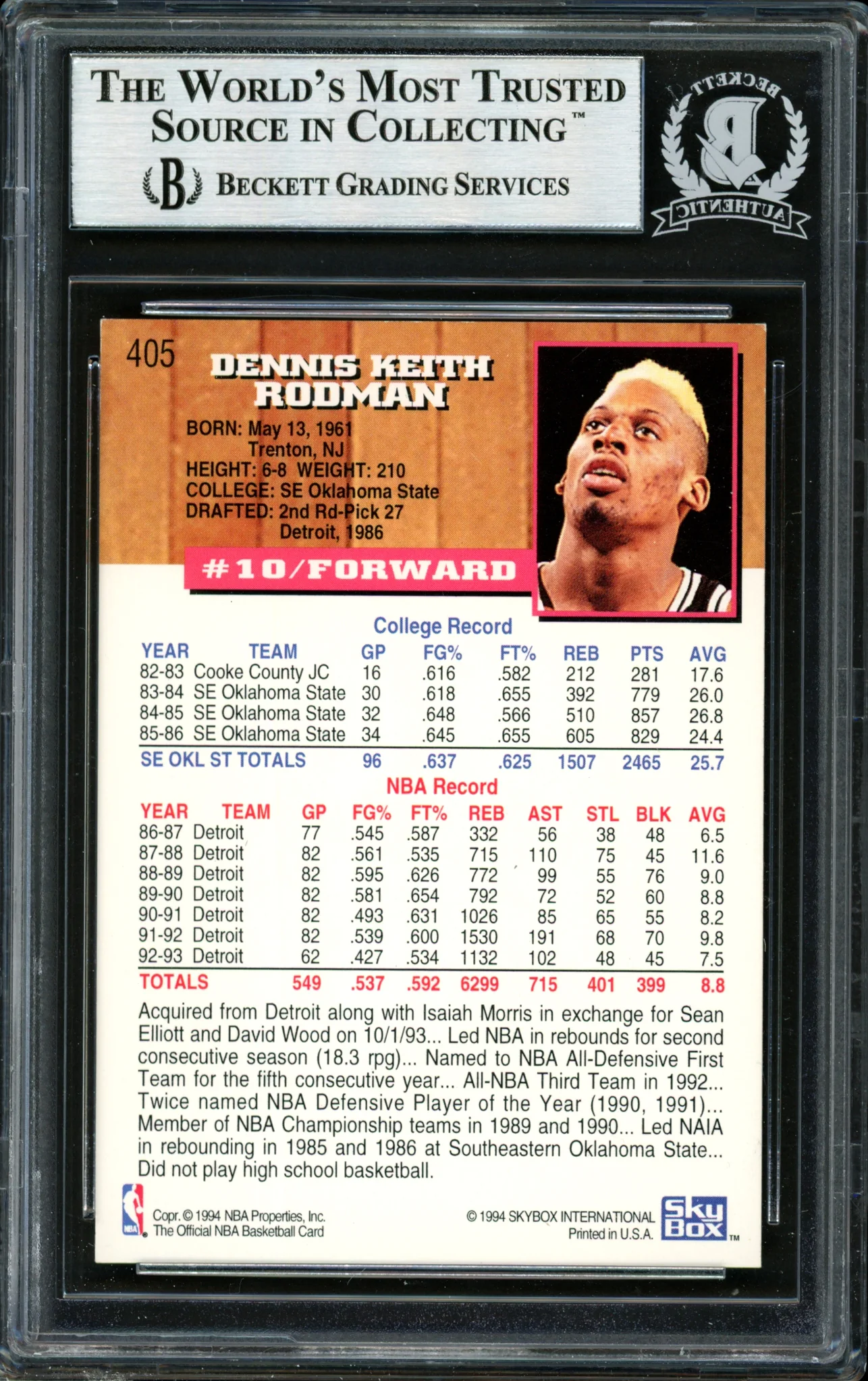 Dennis Rodman Autographed 1993-94 Hoops Card #405 San Antonio Spurs Beckett BAS Stock #184896 - Image 2