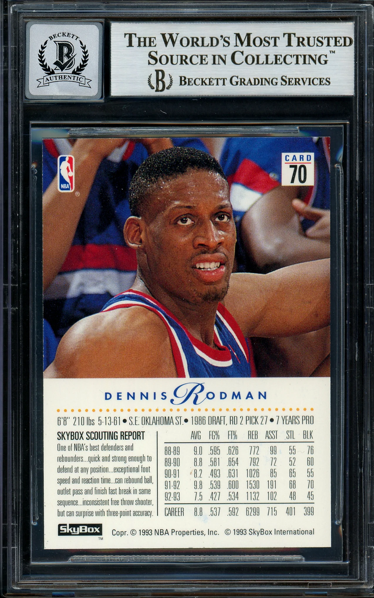 Dennis Rodman Autographed 1993-94 Skybox Card #70 Detroit Pistons Auto Grade Gem Mint 10 Beckett BAS Stock #194607 - Image 2
