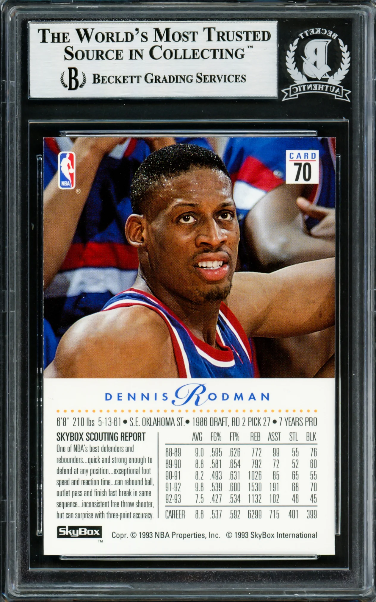 Dennis Rodman Autographed 1993-94 Skybox Card #70 Detroit Pistons Beckett BAS Stock #220312 - Image 2