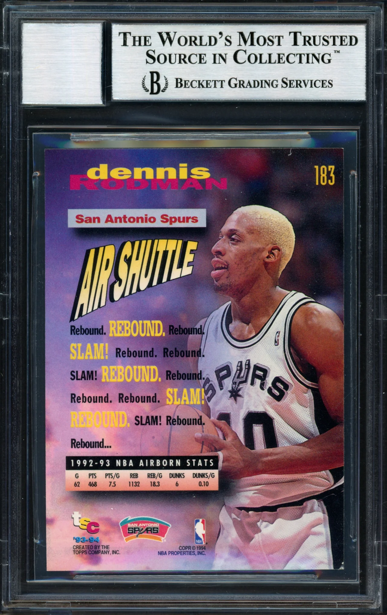 Dennis Rodman Autographed 1993-94 Stadium Club Card #183 San Antonio Spurs Auto Grade 10 Beckett BAS #12518871 - Image 2