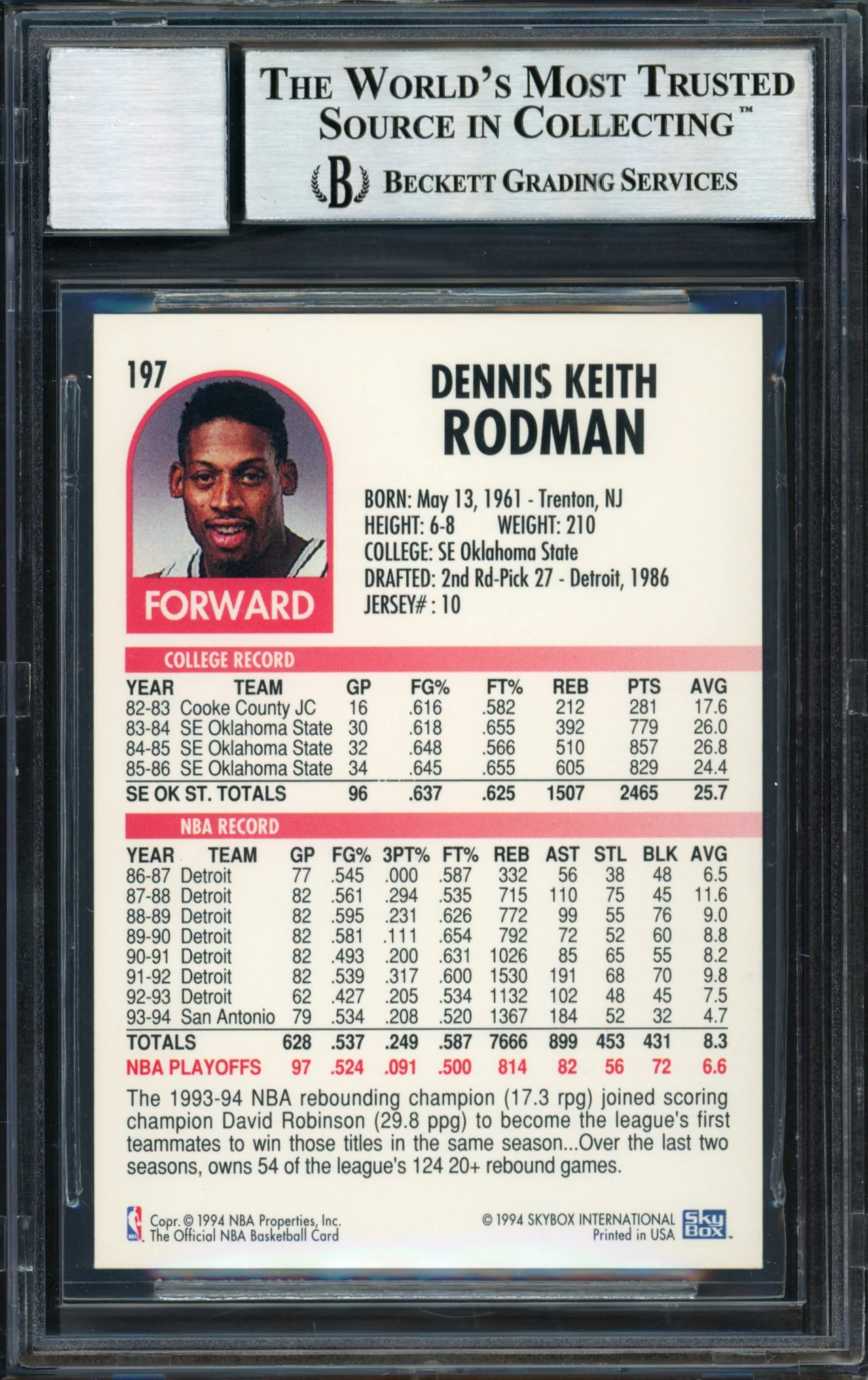 Dennis Rodman Autographed 1994-95 Hoops Card #197 San Antonio Spurs Auto Grade 10 Beckett BAS #12518901 - Image 2