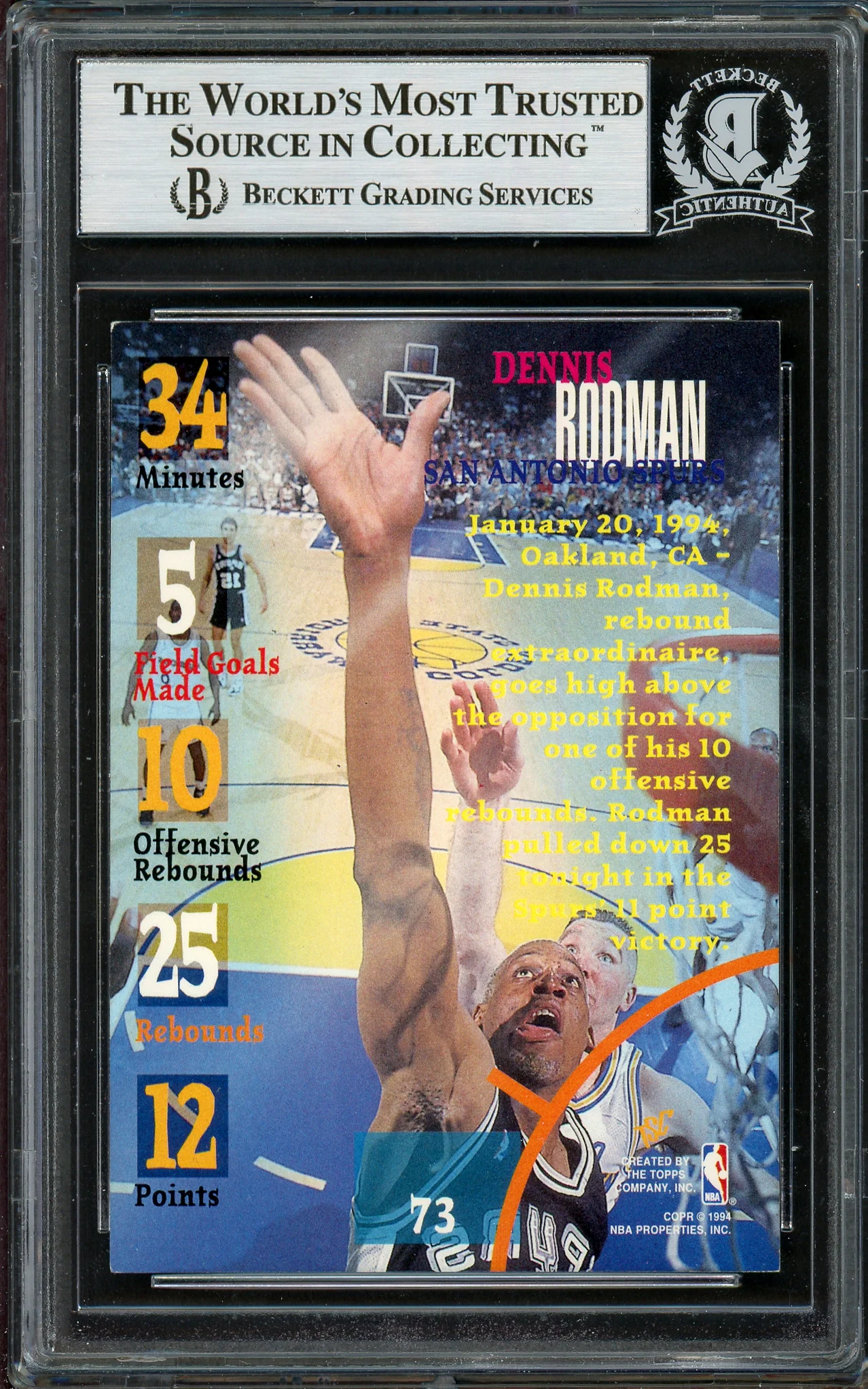 Dennis Rodman Autographed 1994-95 Stadium Club Card #73 San Antonio Spurs Beckett BAS #13020715 - Image 2