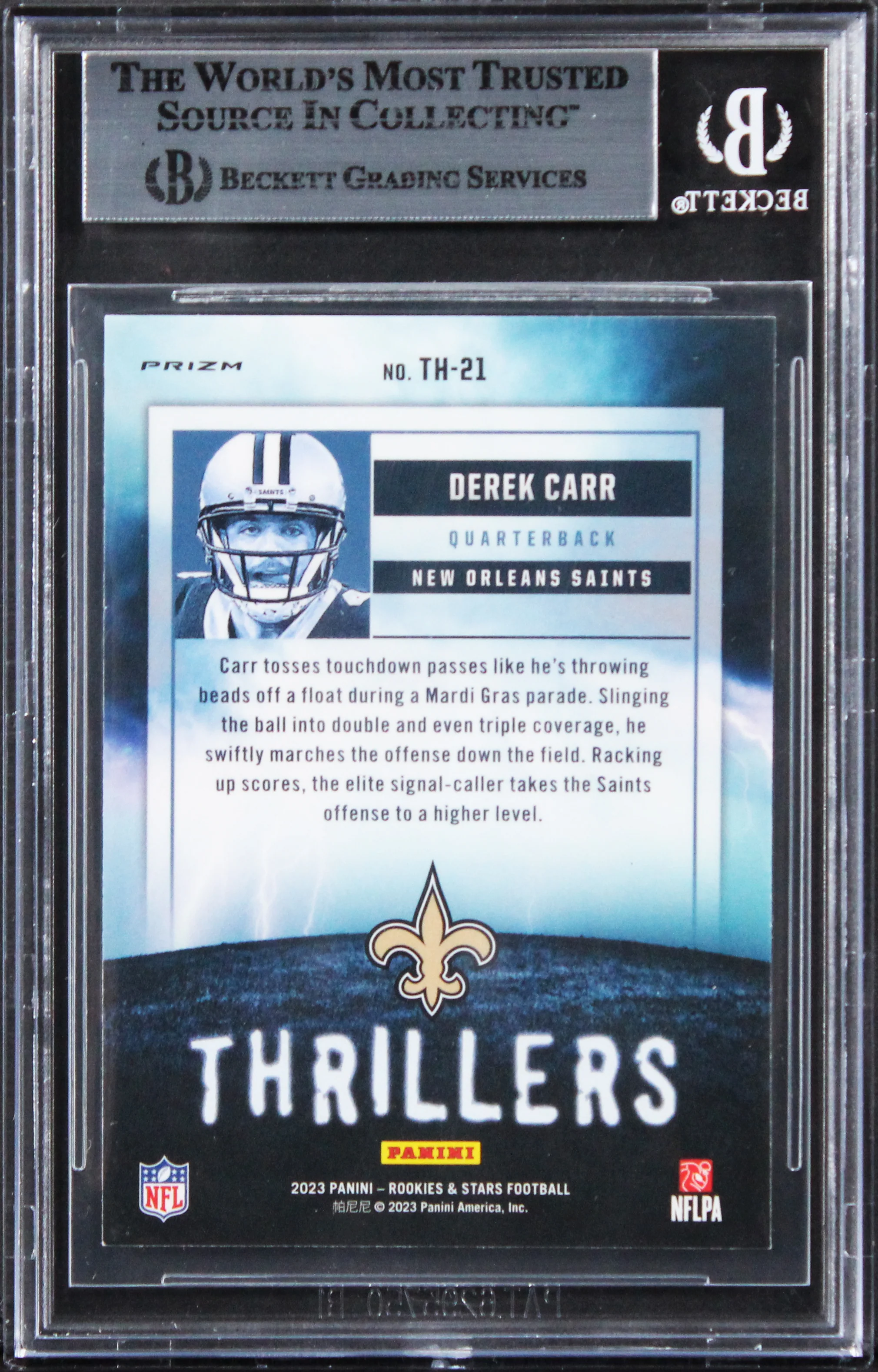 Derek Carr Signed 2023 Rookies & Stars Thrillers Silver #21 Card BAS Slabbed 2 - Image 3