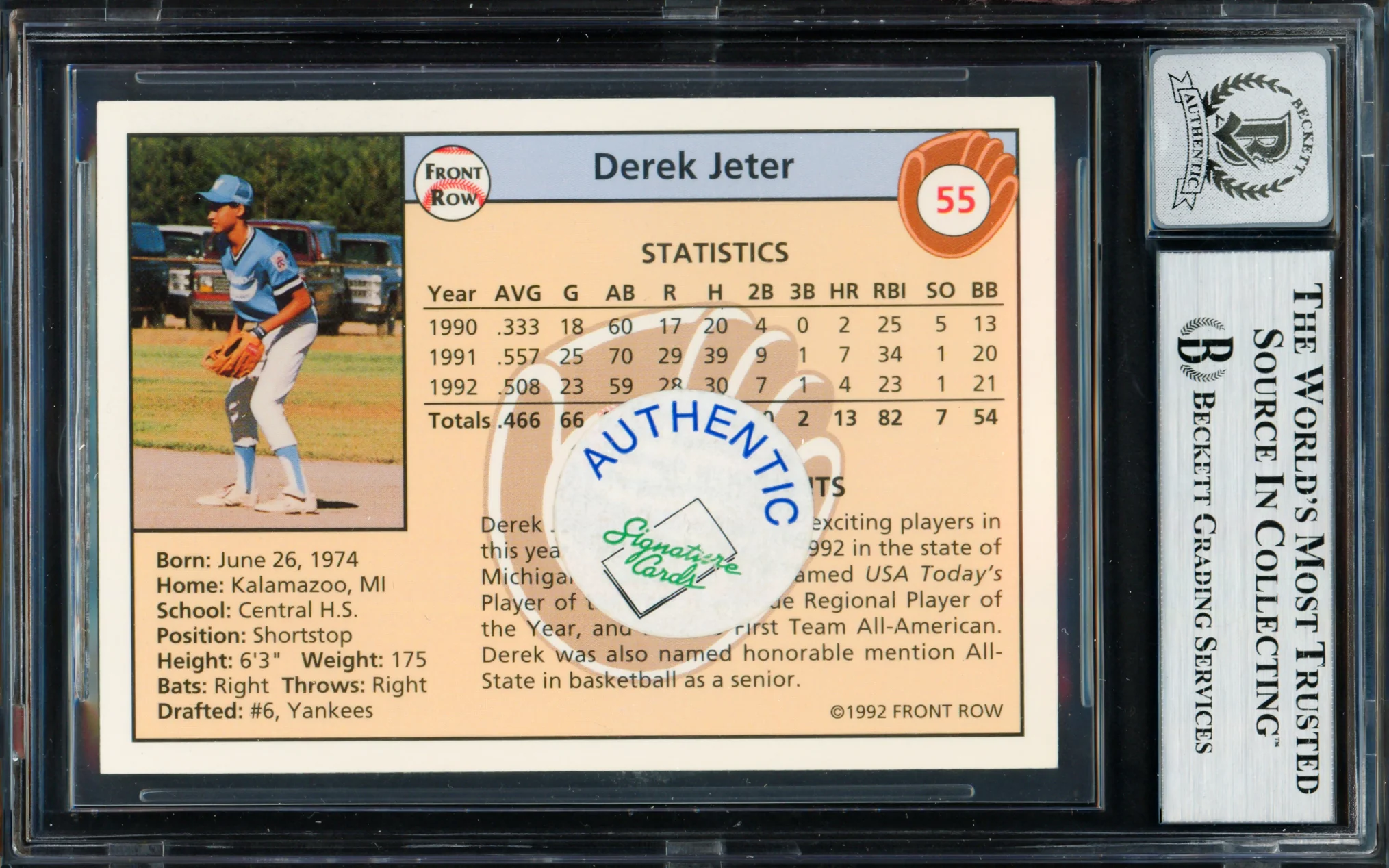 Derek Jeter Autographed 1992 Front Row Rookie Card #55 New York Yankees Auto Grade Gem Mint 10 Beckett BAS #19658743 - Image 2