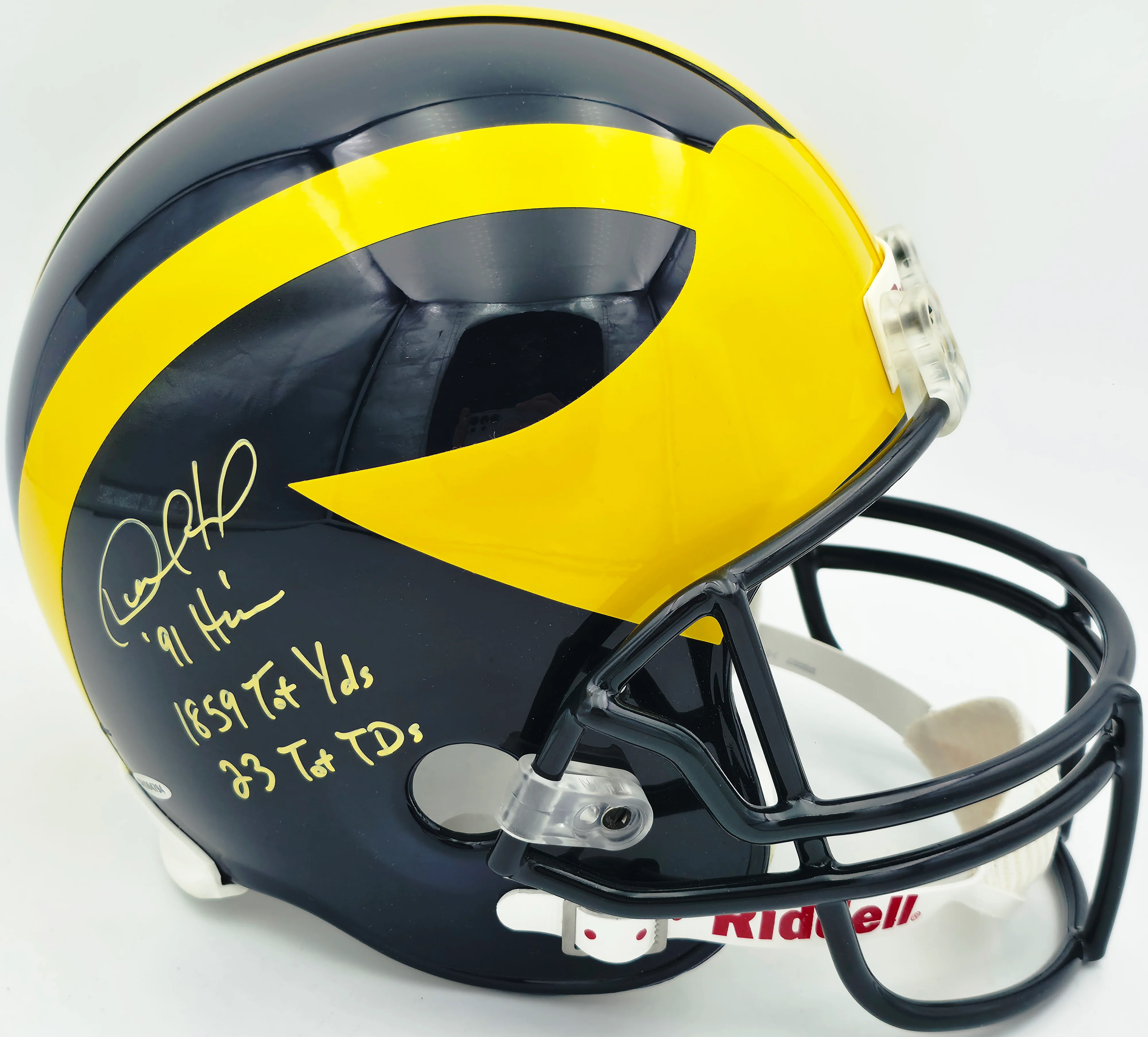 Desmond Howard Autographed Michigan Wolverines Blue & Yellow Replica Full Size Helmet "91 Heis, 1859 Tot Yds & 23 Tot TDs" #12/21 UDA Holo #SHO94794