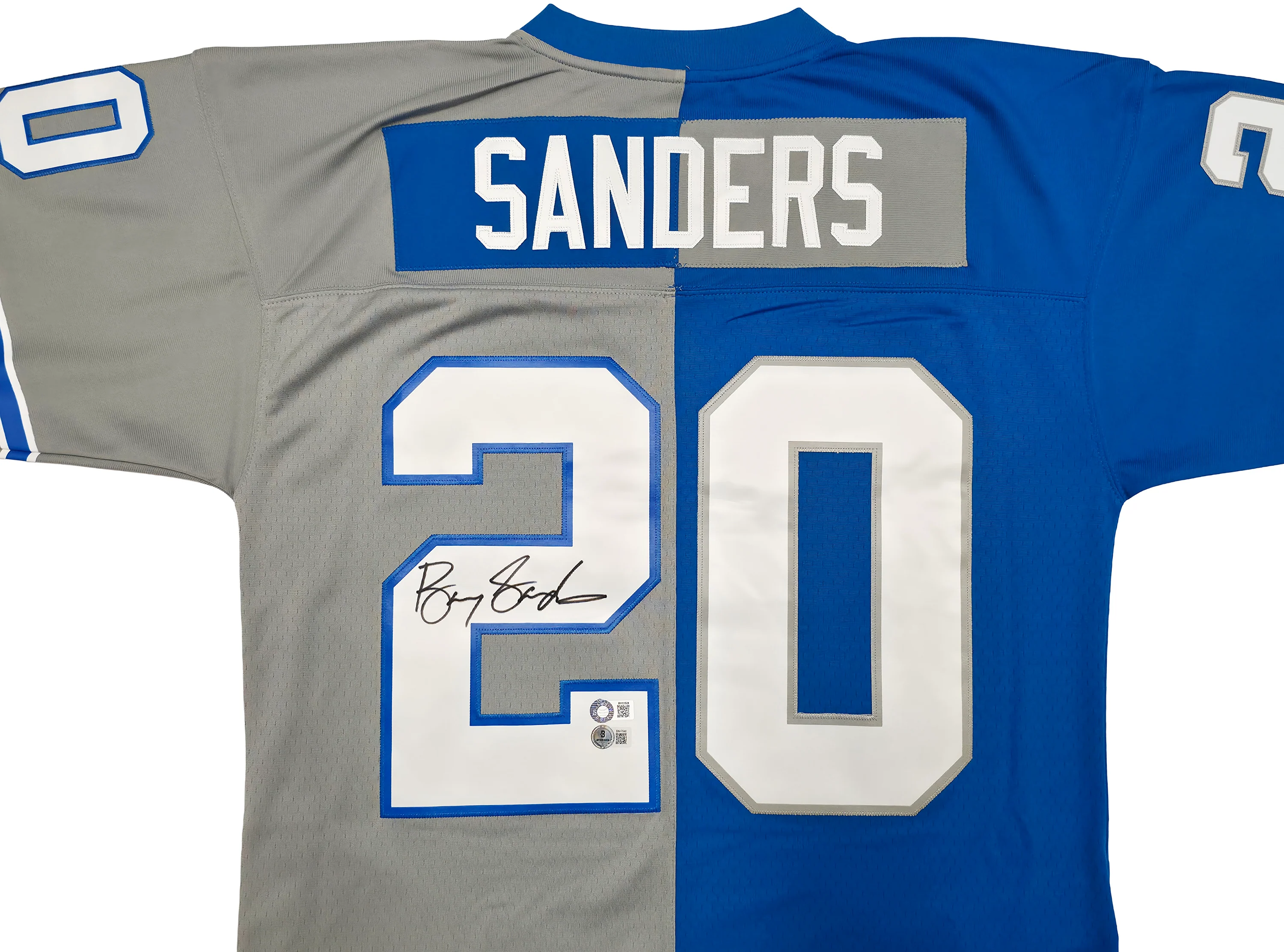 Detroit Lions Barry Sanders Autographed Blue & Grey Split Authentic Mitchell & Ness 1996 NFL Legacy Throwback Jersey Size 48 Beckett BAS QR Stock #260152 - Image 3