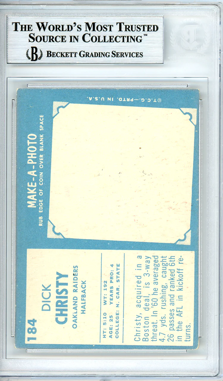 Dick Christy Autographed 1961 Topps Rookie Card #184 Oakland Raiders Beckett BAS #10540187 - Image 2