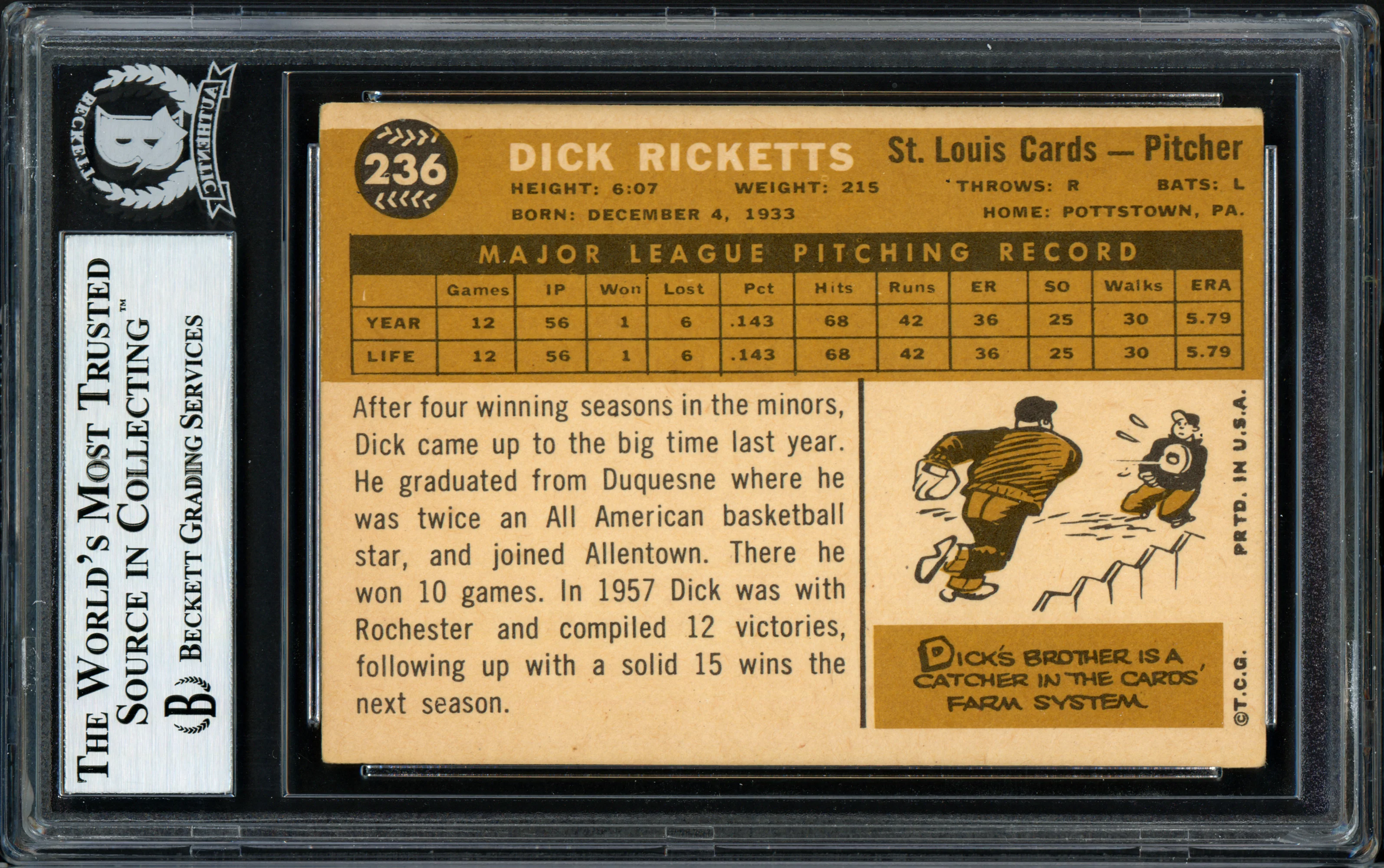 Dick Ricketts Autographed 1960 Topps Card #236 St. Louis Cardinals Beckett BAS #12056659 - Image 2
