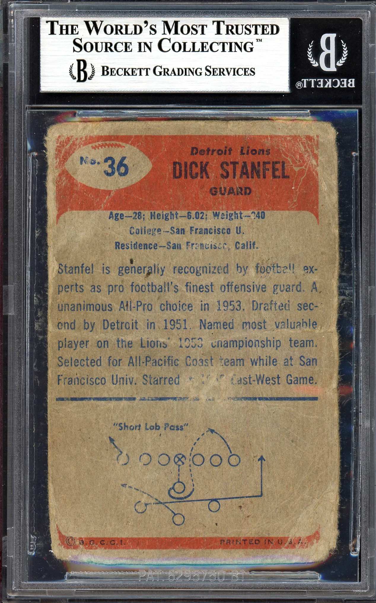 Dick Stanfel Autographed 1955 Bowman Rookie Card #36 Detroit Lions (Off-Condition) Beckett BAS #13610039 - Image 2