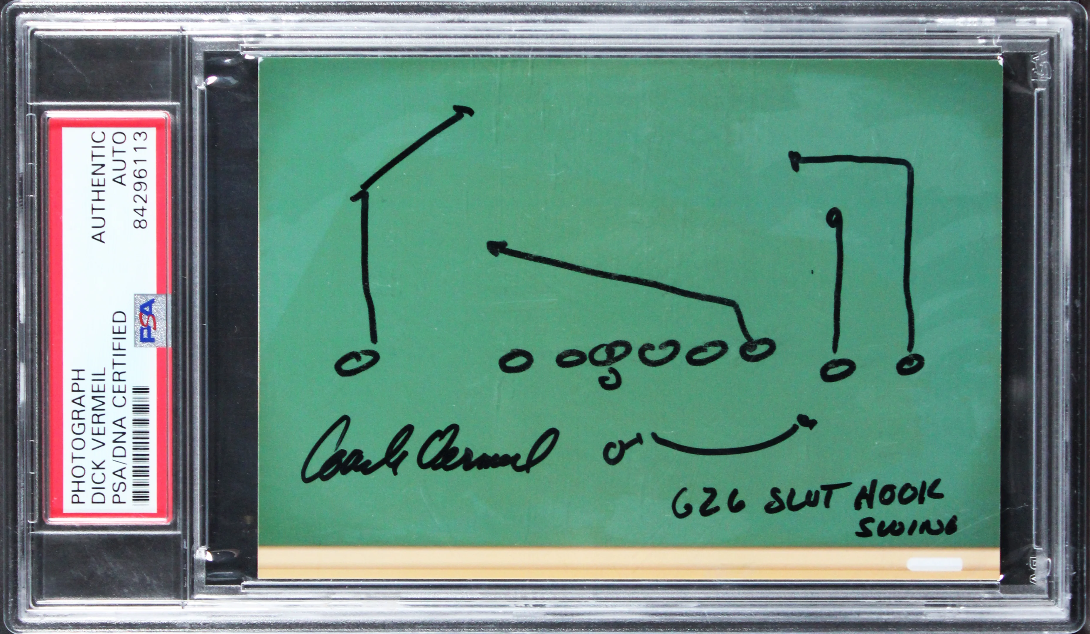 Dick Vermeil "Slot Hook Swing" Signed 3.5x5 Photo w/ Hand Drawn Play PSA Slabbed