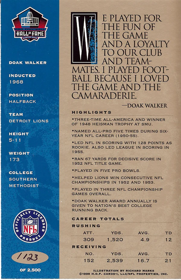 Doak Walker Autographed 1998 HOF Signature Series Card Detroit Lions #/2500 SKU #106032 - Image 2