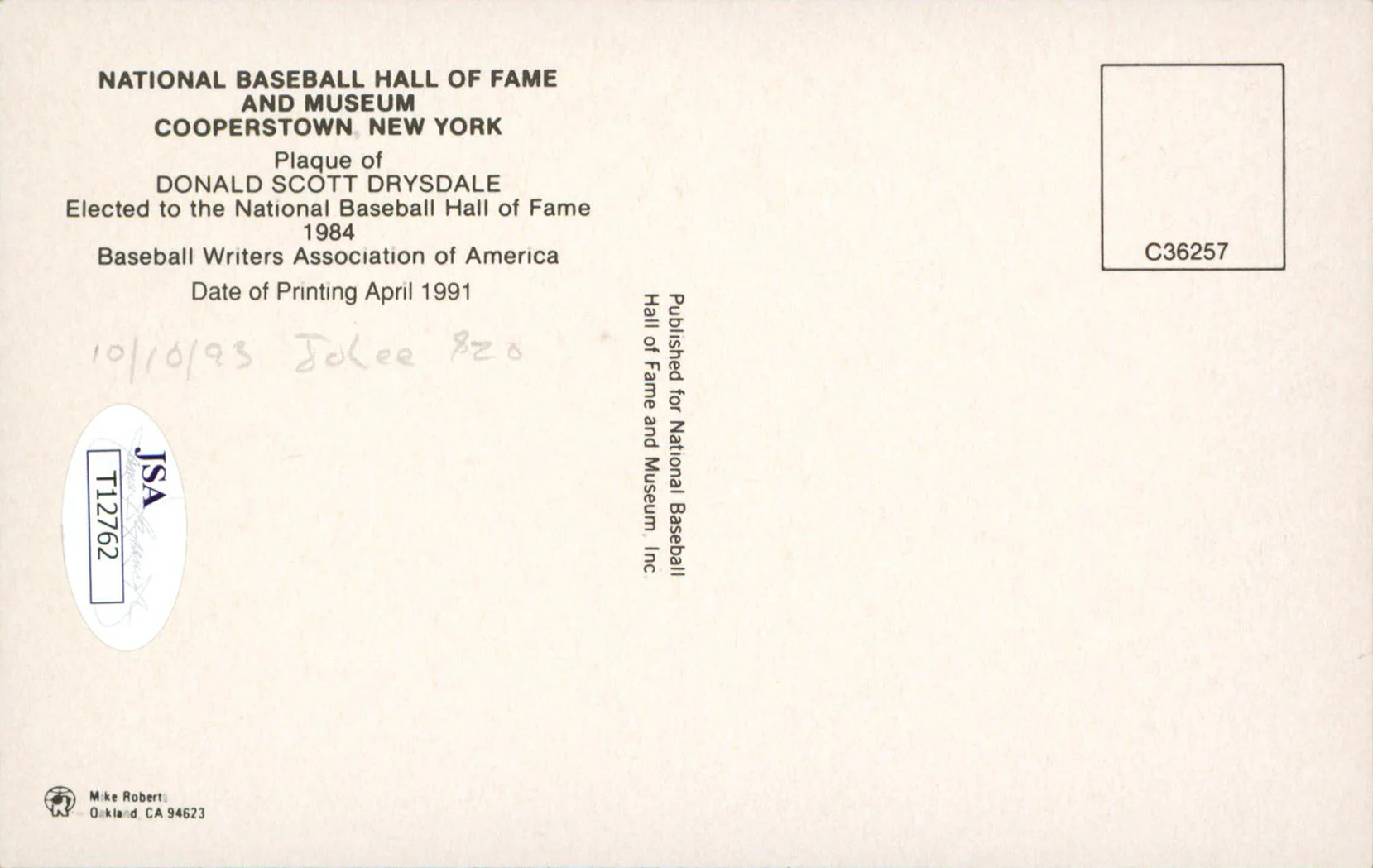 Dodgers Don Drysdale Authentic Signed 3.5x5.5 HOF Plaque Postcard JSA T12762 - Image 3