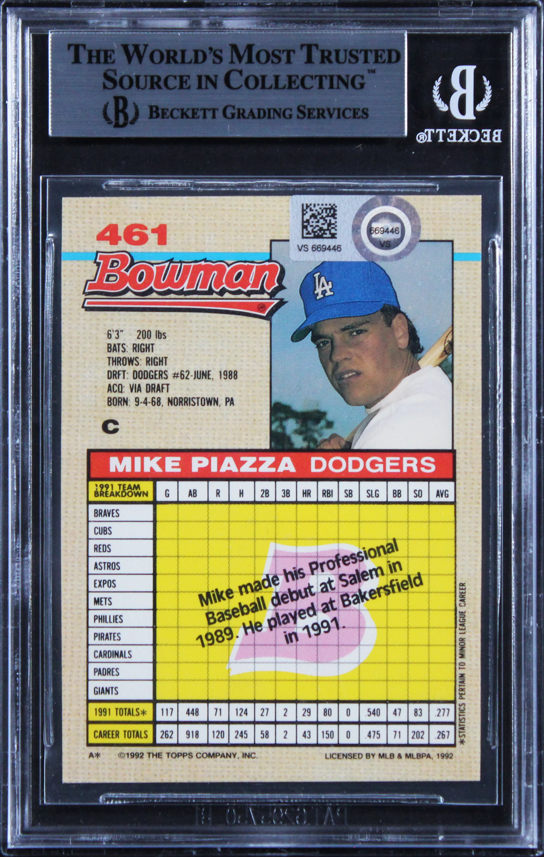 Dodgers Mike Piazza "NL ROY 93" Signed 1992 Bowman #461 Rookie Card BAS Slabbed - Image 3