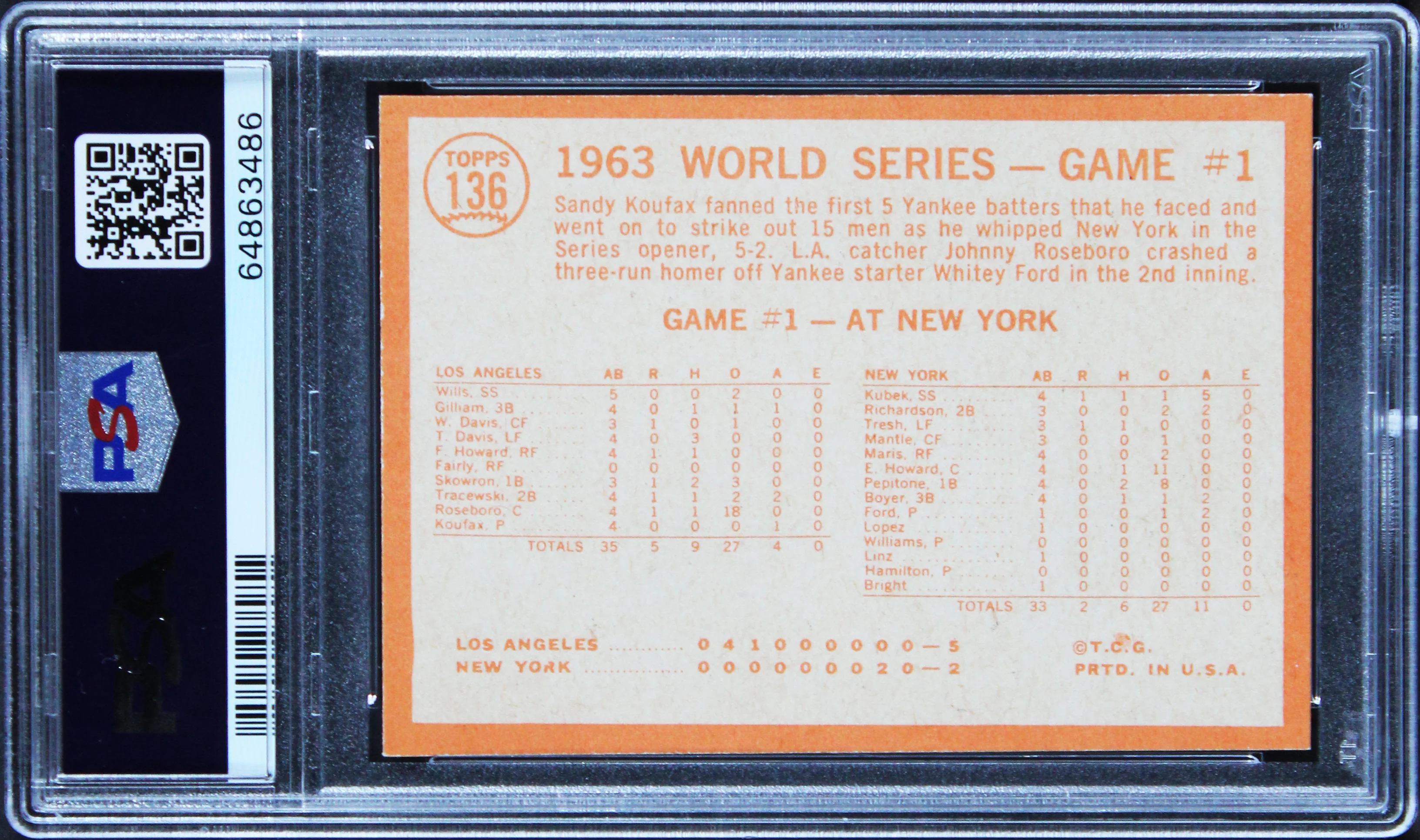 Dodgers Sandy Koufax 1964 Topps WS Game 1 #136 Card EX-MT 6! PSA/DNA Slabbed - Image 3