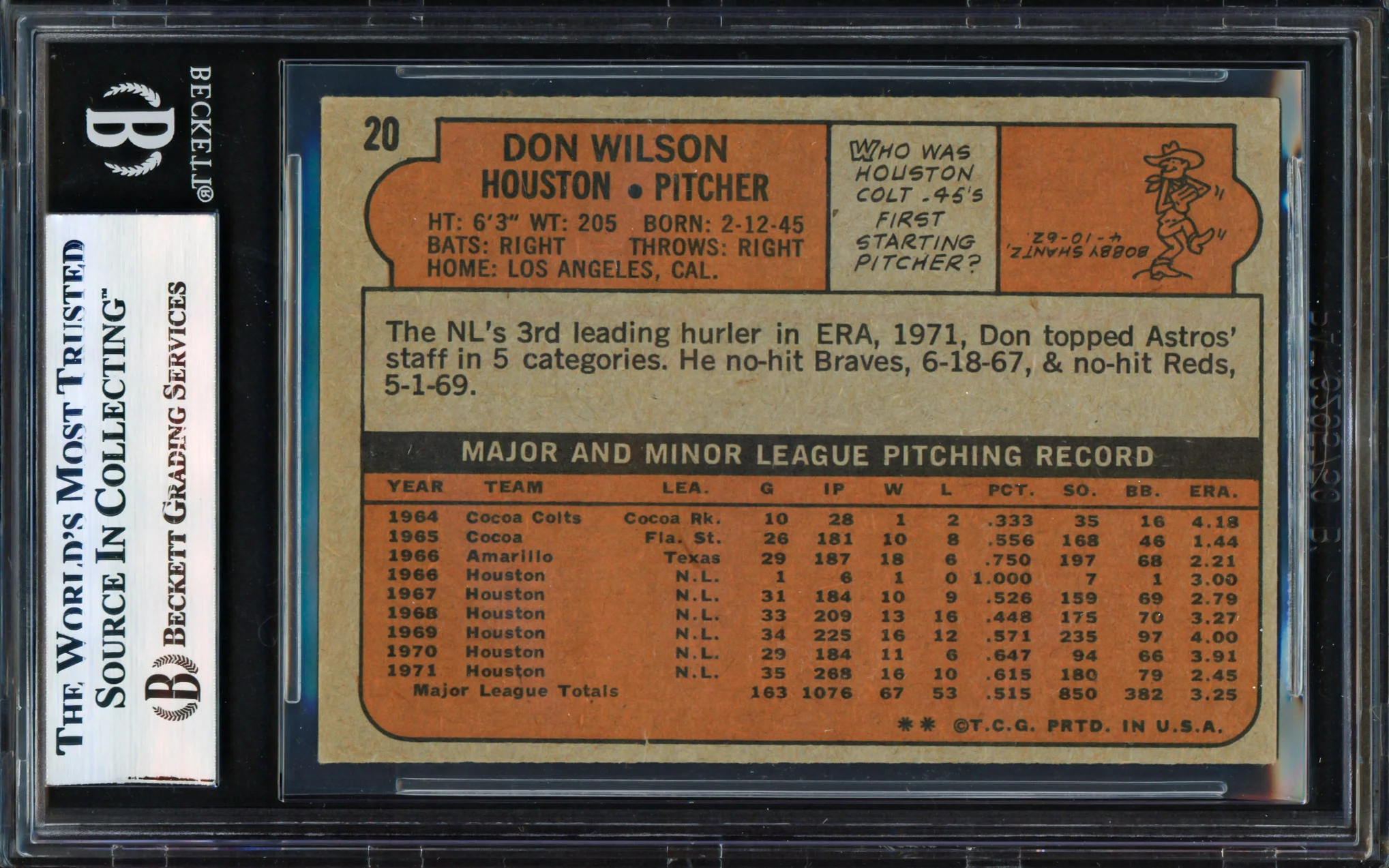 Don Wilson Autographed 1972 Topps Card #20 Houston Astros Beckett BAS #17856551 - Image 2
