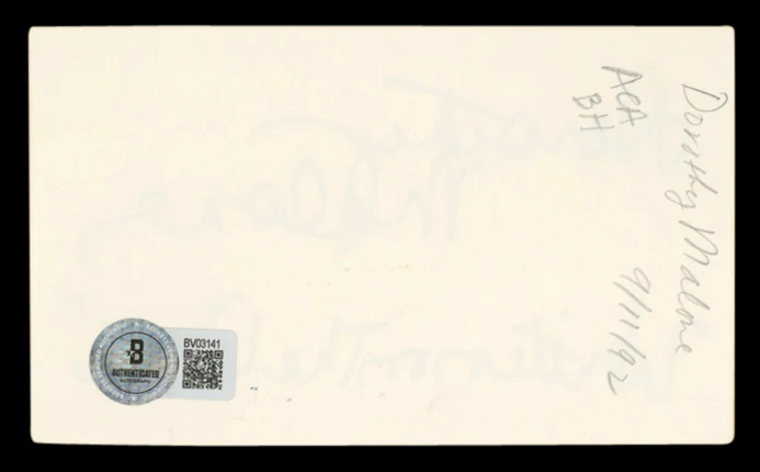 Dorothy Malone Written on the Wind Authentic Signed 3x5 Index Card BAS #BV03141 - Image 3