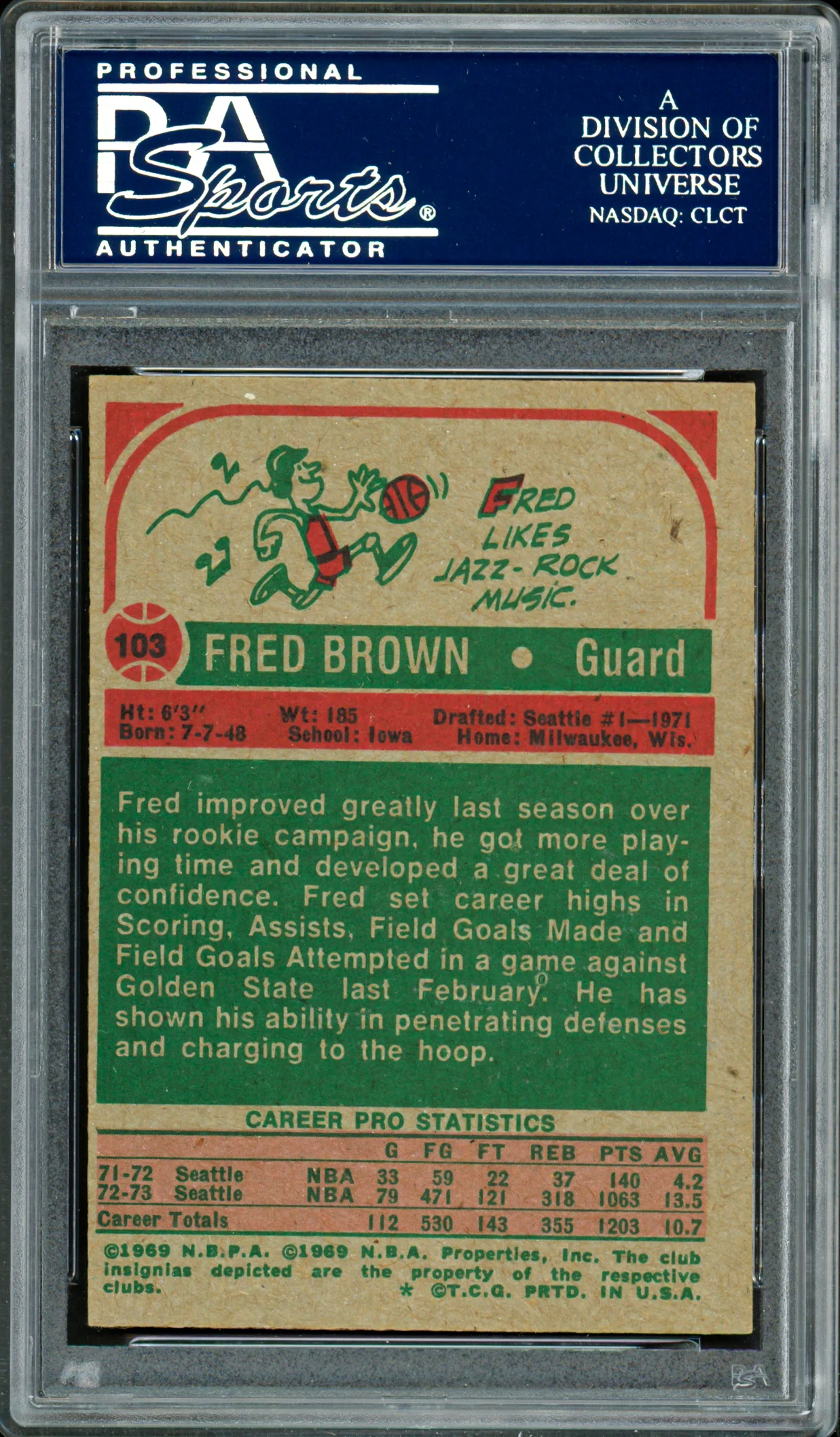 Downtown Fred Brown Autographed 1973-74 Topps Rookie Card #103 Seattle Supersonics PSA/DNA #83920778 - Image 2