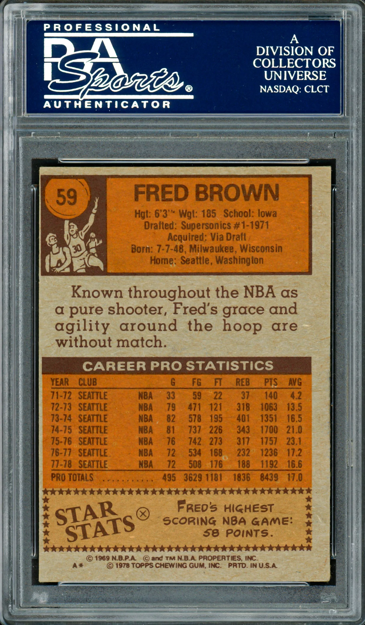 Downtown Fred Brown Autographed 1978-79 Topps Card #59 Seattle Supersonics PSA/DNA #83920453 - Image 2