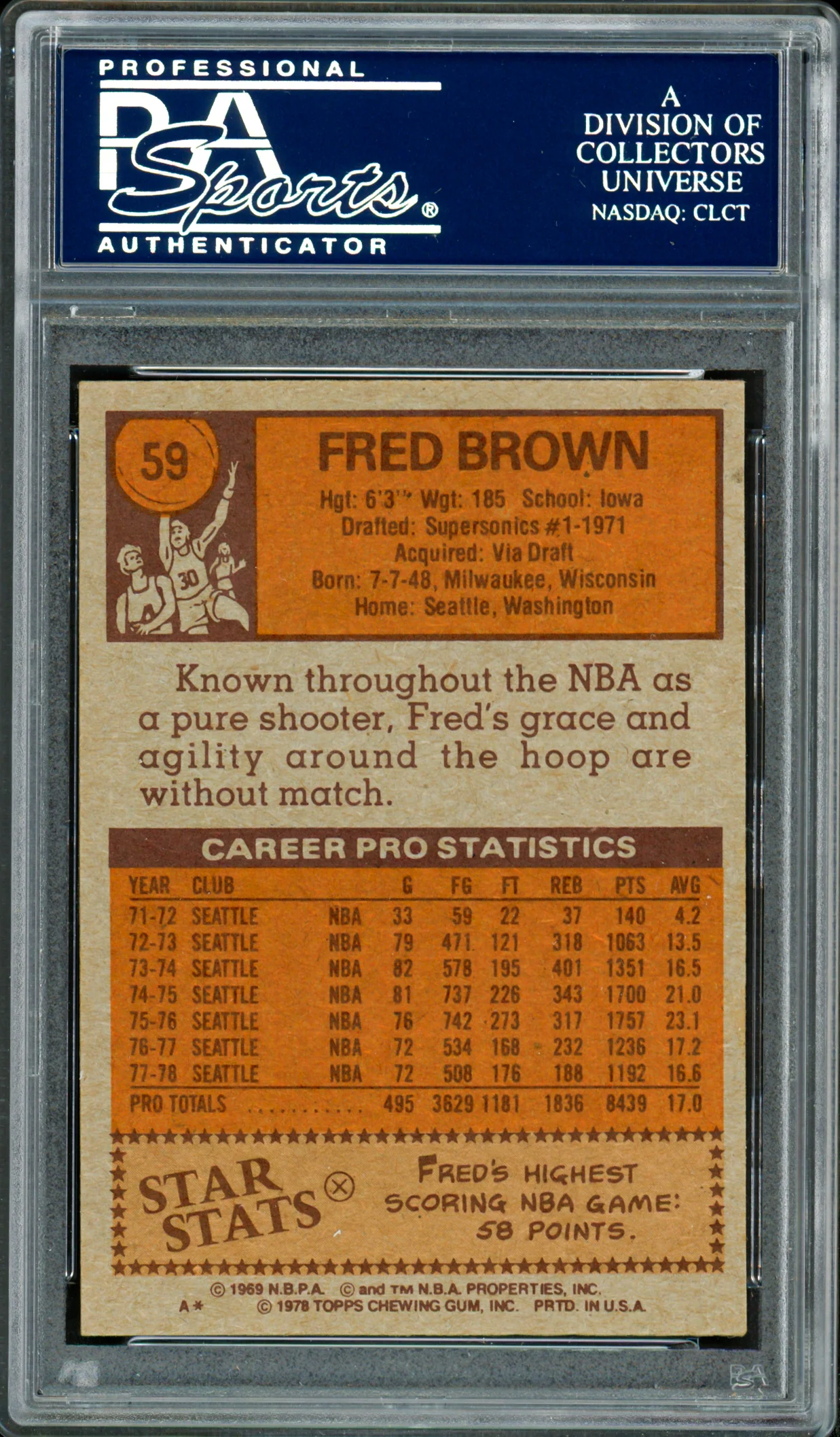 Downtown Fred Brown Autographed 1978-79 Topps Card #59 Seattle Supersonics PSA/DNA #83920454 - Image 2